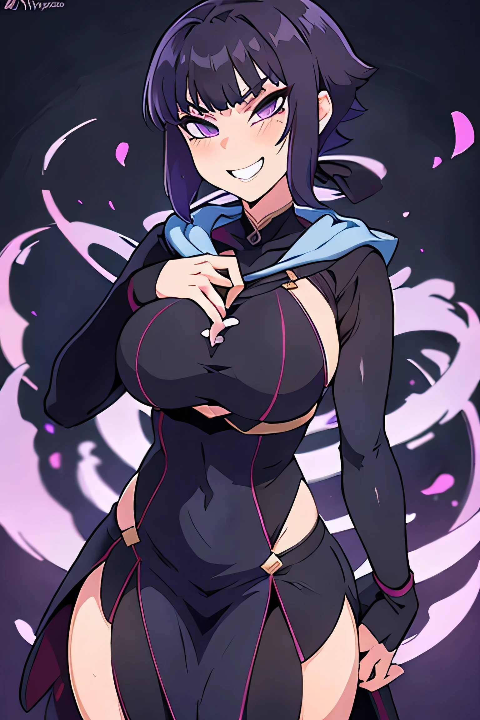 Makoto Niijima as a witch, purple eyes, in long sleeve gown and hood, mischievous smile, from beneath holding skull