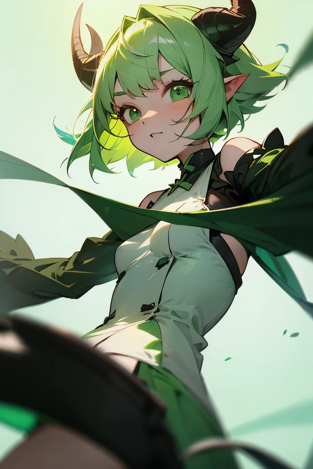A cute girl, with short light green hair, green eyes, and horns