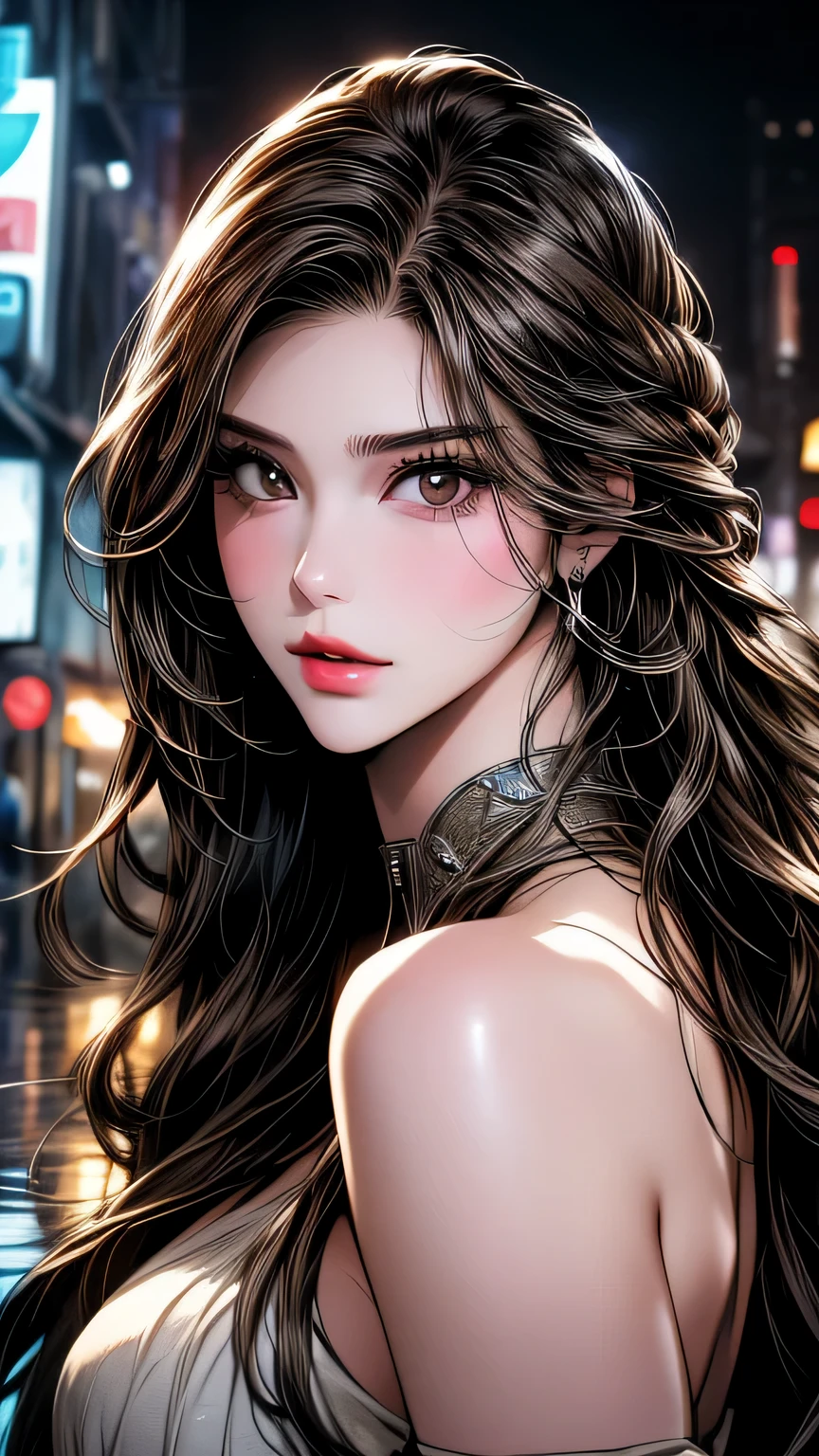 Photo of a 25 year old European girl posing, to be born, Beautiful woman, (super long wavy brown hair), ((portrait)), ((get used to it face:1.2)), ((get used to it facial features)), (finely get used to it skin), white skin, (White short dress), cyberpunk metropolis environment, (cool colorist, Moist, masterpiece of reflection) (perfect proportions)(realistic pictures)(highest quality) (get used to it) , HDR, (8K) (wallpaper) (cinematic lighting) (dramatic lighting) (sharp focus) (Complex)､((close up of face)))､sexy