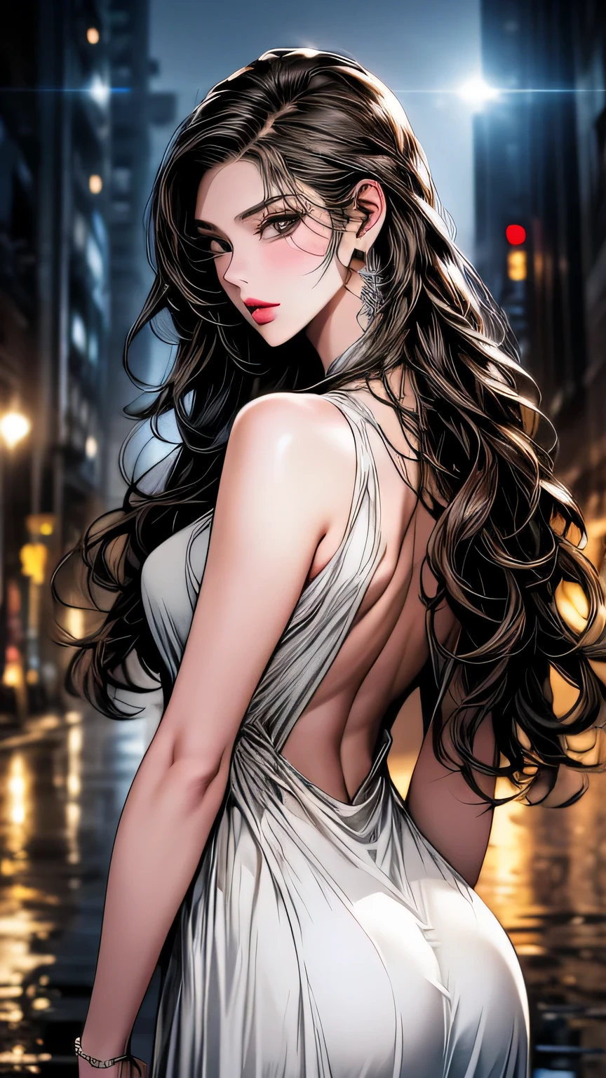 Photo of a 25 year old European girl posing, to be born, Beautiful woman, (super long wavy brown hair), ((portrait)), ((get used to it face:1.2)), ((get used to it facial features)), (finely get used to it skin), white skin, (White short dress), cyberpunk metropolis environment, (cool colorist, Moist, masterpiece of reflection) (perfect proportions)(realistic pictures)(highest quality) (get used to it) , HDR, (8K) (wallpaper) (cinematic lighting) (dramatic lighting) (sharp focus) (Complex)､((View from behind)))