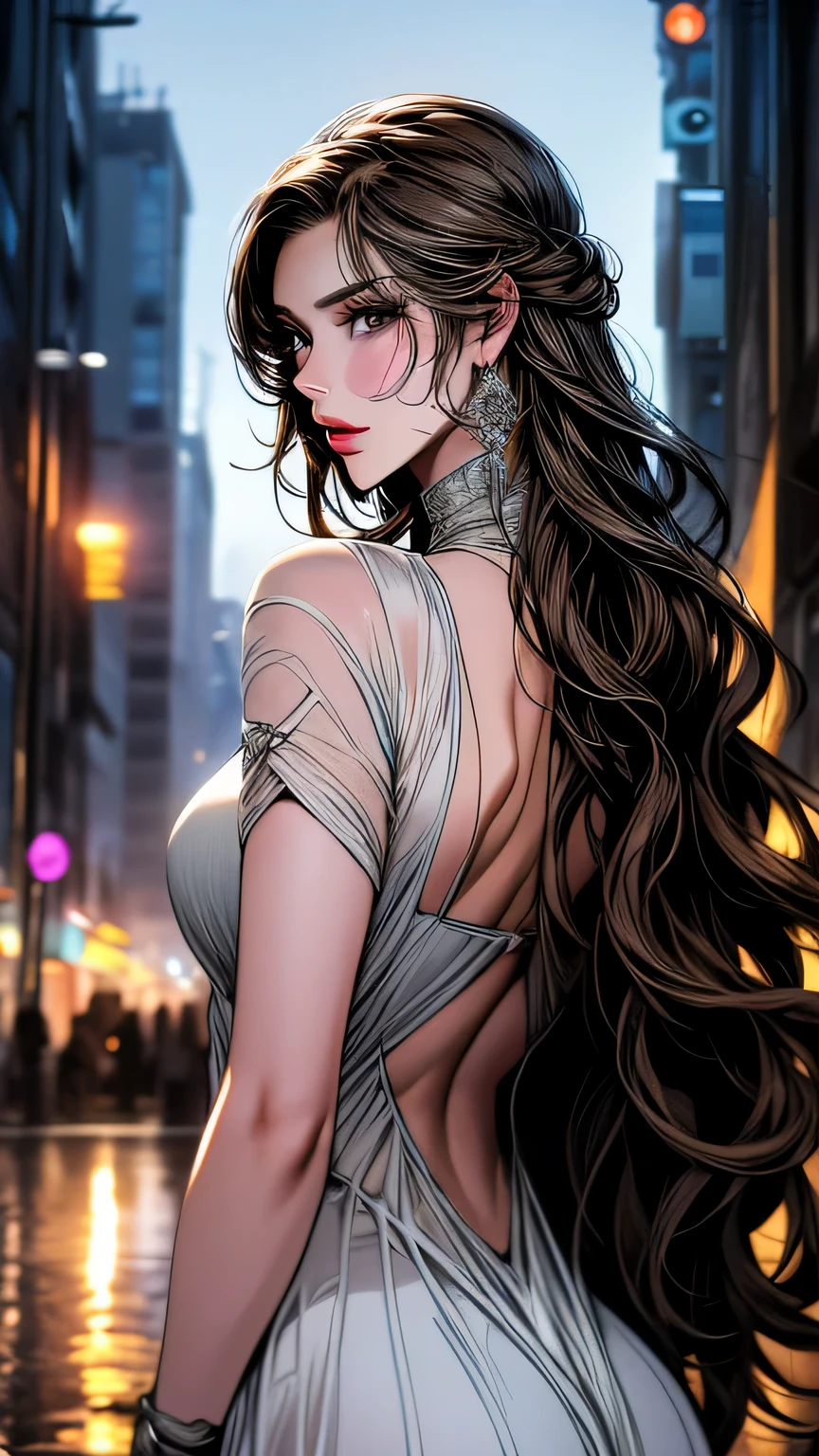 Photo of a 25 year old European girl posing, to be born, Beautiful woman, (super long wavy brown hair), ((portrait)), ((get used to it face:1.2)), ((get used to it facial features)), (finely get used to it skin), white skin, (White short dress), cyberpunk metropolis environment, (cool colorist, Moist, masterpiece of reflection) (perfect proportions)(realistic pictures)(highest quality) (get used to it) , HDR, (8K) (wallpaper) (cinematic lighting) (dramatic lighting) (sharp focus) (Complex)、((View from behind)))