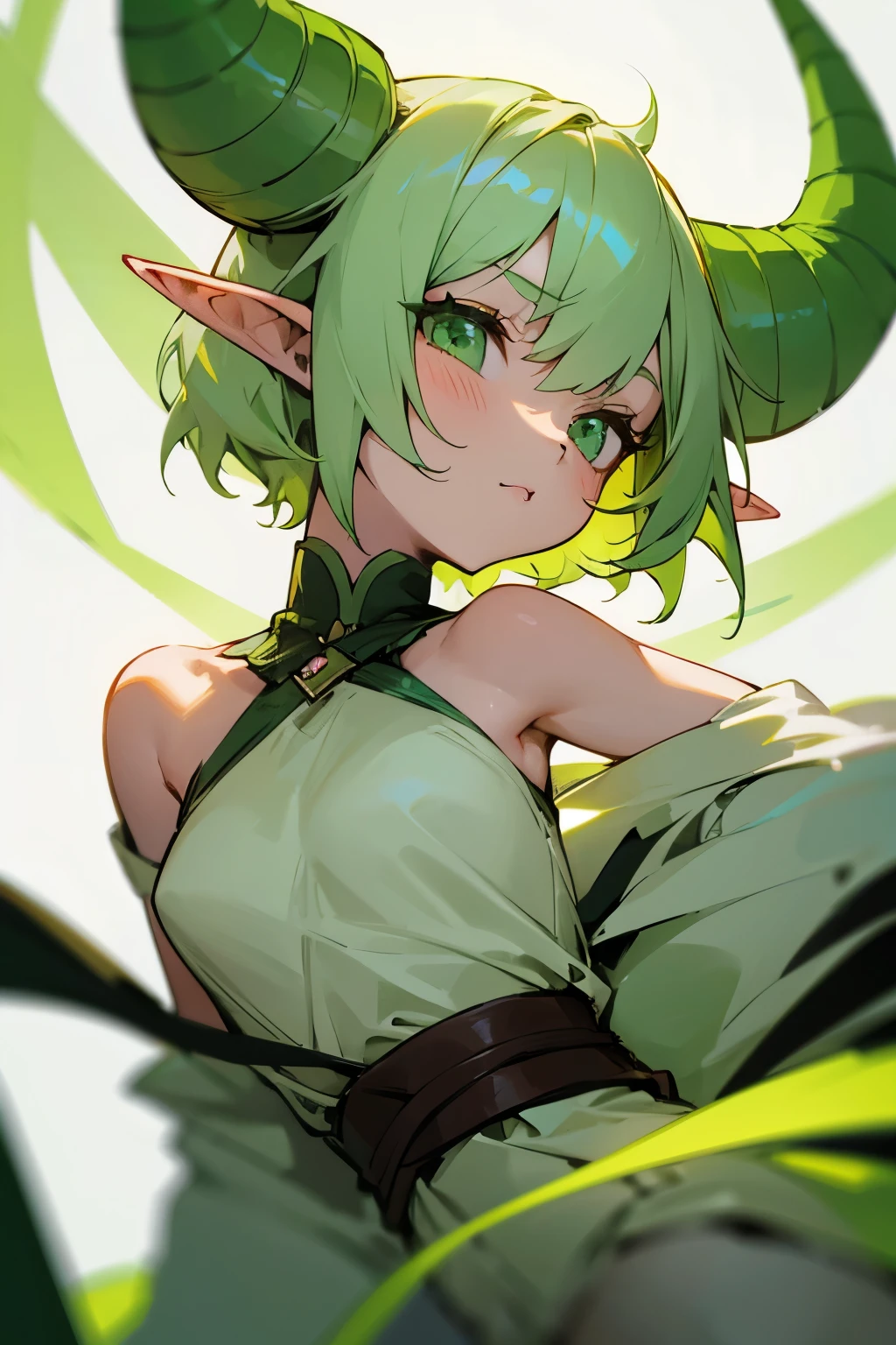 Cute girl, short light green hair, green eyes, horns, pointy ears, elf