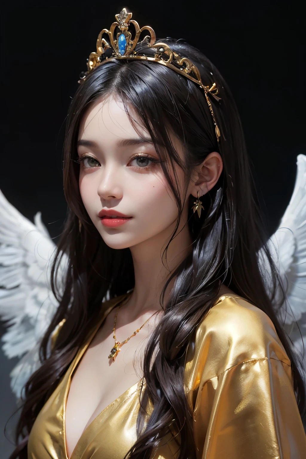 ((highest quality)), ((masterpiece)), (be familiar with), perfect face(highest quality, 4K, High resolution, masterpiece:1.2), super detailed, realistic, radiant lighting, ２５old angel, white big wings、both wings、portrait, fantastic colors, Fine art, existence of ether, dream-like, be familiar with顔の特徴, shining eyes, angel beauty, fantastic shine, mythical creatures, harmonious composition, dazzling colors, stunning visual effects, Otherworldly appearance, captivating artistry,front、smile、kind、eyes are blue、long eyelashes、smile、体の向きをfrontに、black hair、long hair、curly hair、bangs、Gold tiara、gold necklace、looks happy、I&#39;m in a rose field、fortune teller&#39;s clothes、fur cloak