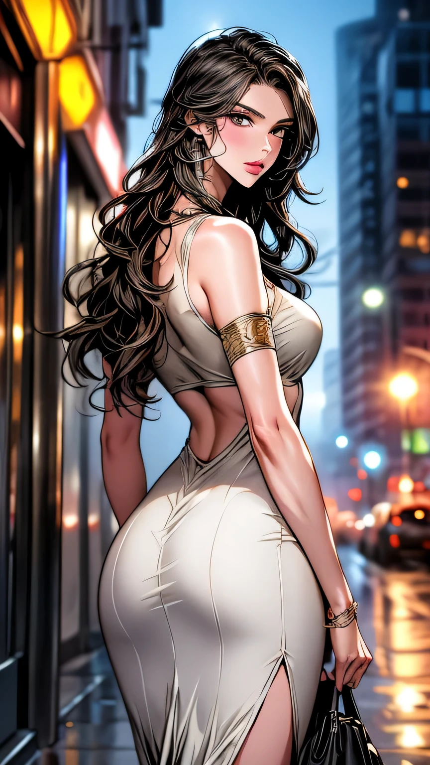 Photo of a 25 year old European girl posing, to be born, Beautiful woman, (super long wavy brown hair), ((portrait)), ((get used to it face:1.2)), ((get used to it facial features)), (finely get used to it skin), white skin, (White short dress), cyberpunk metropolis environment, (cool colorist, Moist, masterpiece of reflection) (perfect proportions)(realistic pictures)(highest quality) (get used to it) , HDR, (8K) (wallpaper) (cinematic lighting) (dramatic lighting) (sharp focus) (Complex)､((View from behind)))