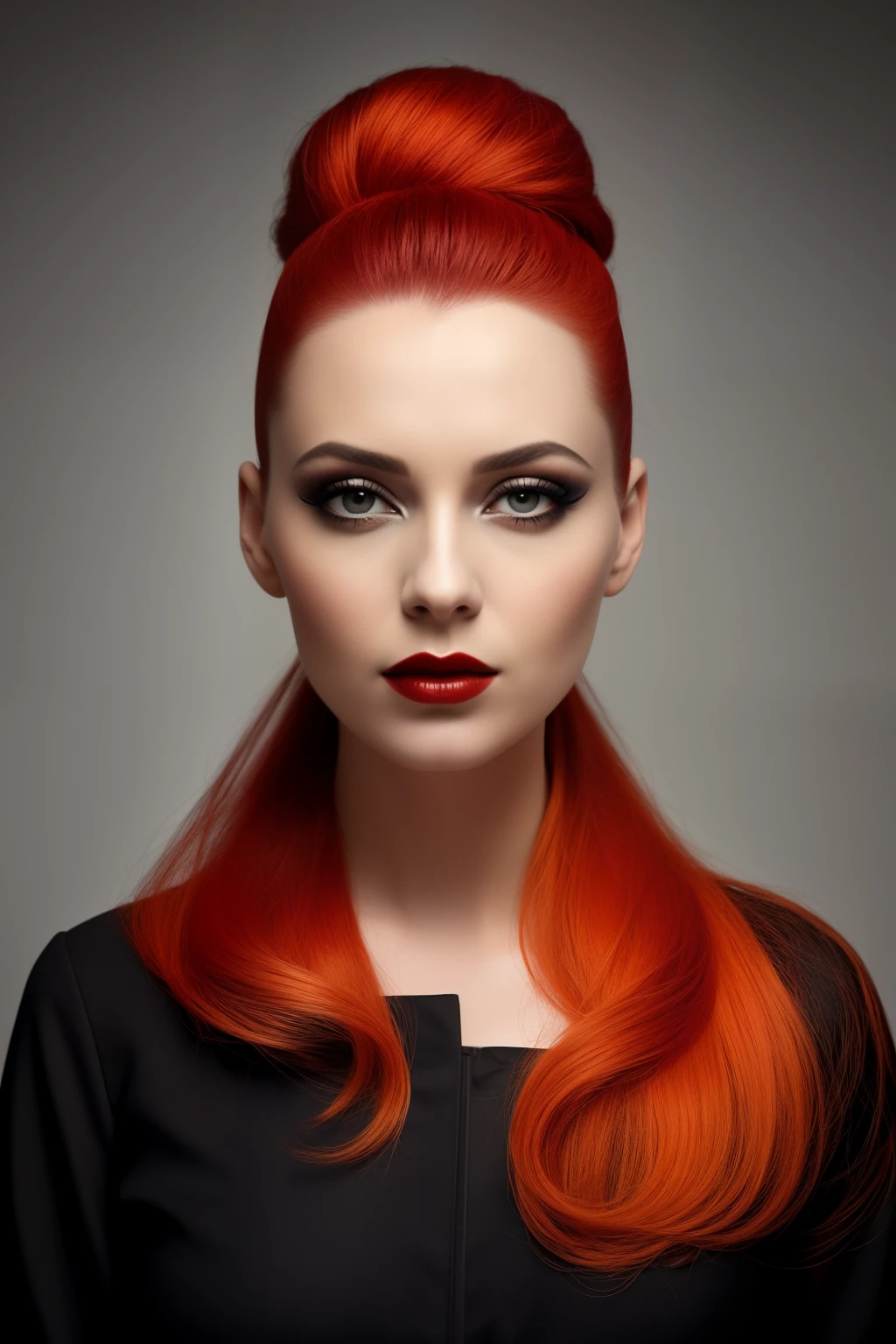 Portrait de femme, skillfully painted by Flora Borsi in her distinctive audacious style, vibrant colors, RAW (UHD). Hair styled with a bold mohawk of orange hue, hyper-realistic detail, captured using a Nikon D850, a professional-grade reflex camera offering exceptional resolution of 45.7 megapixels, wide dynamic range, and fast, precise autofocus, delivering remarkable image quality in various lighting conditions. ((Flora Borsi))