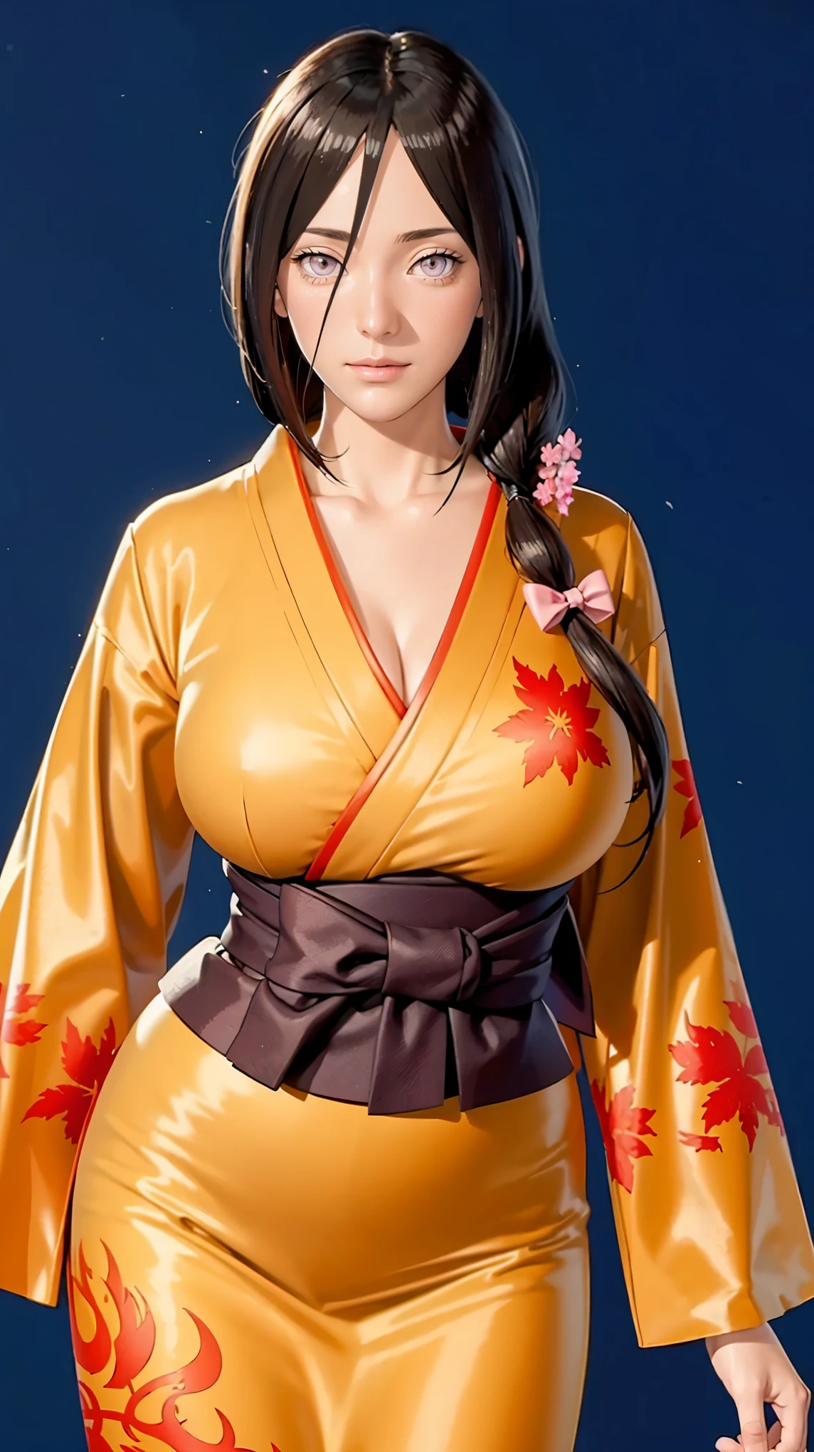 （（（完美figure，figure，orange kimono, obi，hakama skirt，hana，flame print kimono，（（（hyuuga hanabi，low tied long hair，hair bow，））），S型figure:1.7））），((masterpiece)),high resolution, ((Best quality at best))，masterpiece，quality，Best quality，（（（ Exquisite facial features，looking at the audience,There is light in the eyes，Happy，***********nterlacing of light and shadow，））），（（（looking into camera，black background）））