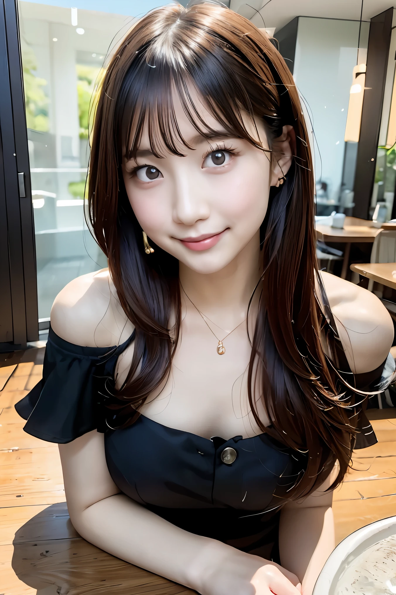 (table top, highest quality:1.5), realistic、Photoreal, full body photo, absurd, delicate body、mini dress、off shoulder、cute face, idol face, beautiful girl, The background is an intersection、looking at the viewer, outdoor、Many people commute、no makeup, (smile:1.4), chromatic aberration, sharp focus, clear lighting、18-year-old、 detailed face, medium long straight hair、small breasts:1.4、sexy pose:1.5