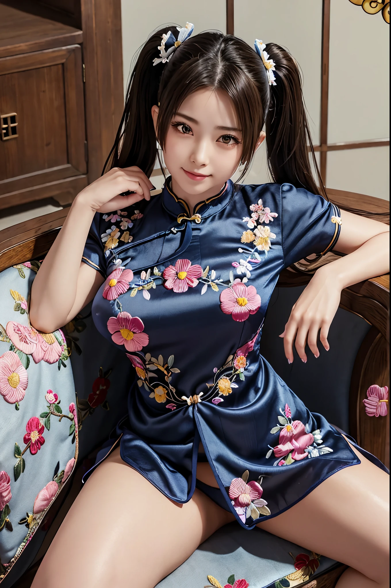 8K, High resolution, Super detailed, masterpiece, highest quality,、1 Japanese female、very cute、 adorable、 shiny skin, sexy,light makeup、 (Navy blue cheongsam with floral embroidery:1.3)、very attractive, arms above head, Big breasts that are about to burst、twin tails、curly hair、Scrunchie、Gaze inviting a man、smile、(open both legs wide:1.4)、Photographed at a sex shop、sit on a chair、show white panties、
