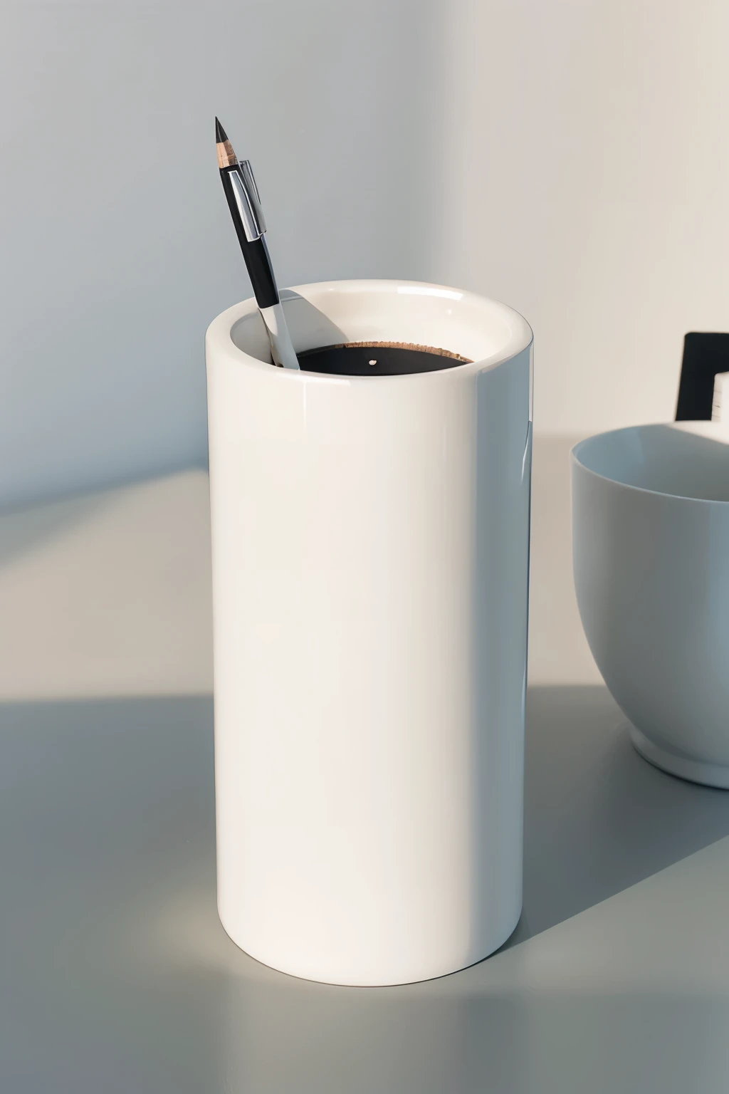 (a white ceramic,texture:1.2),round,cylindrical(pencil holder),(best quality:1.2),(ultra-detailed,clean lines),minimal design,smooth surface,shiny finish,high gloss,perfectly symmetrical,strong and durable,modern style,lightweight,(photorealistic,realistic:1.37) rendering,studio lighting,vivid white color,soft shadows
