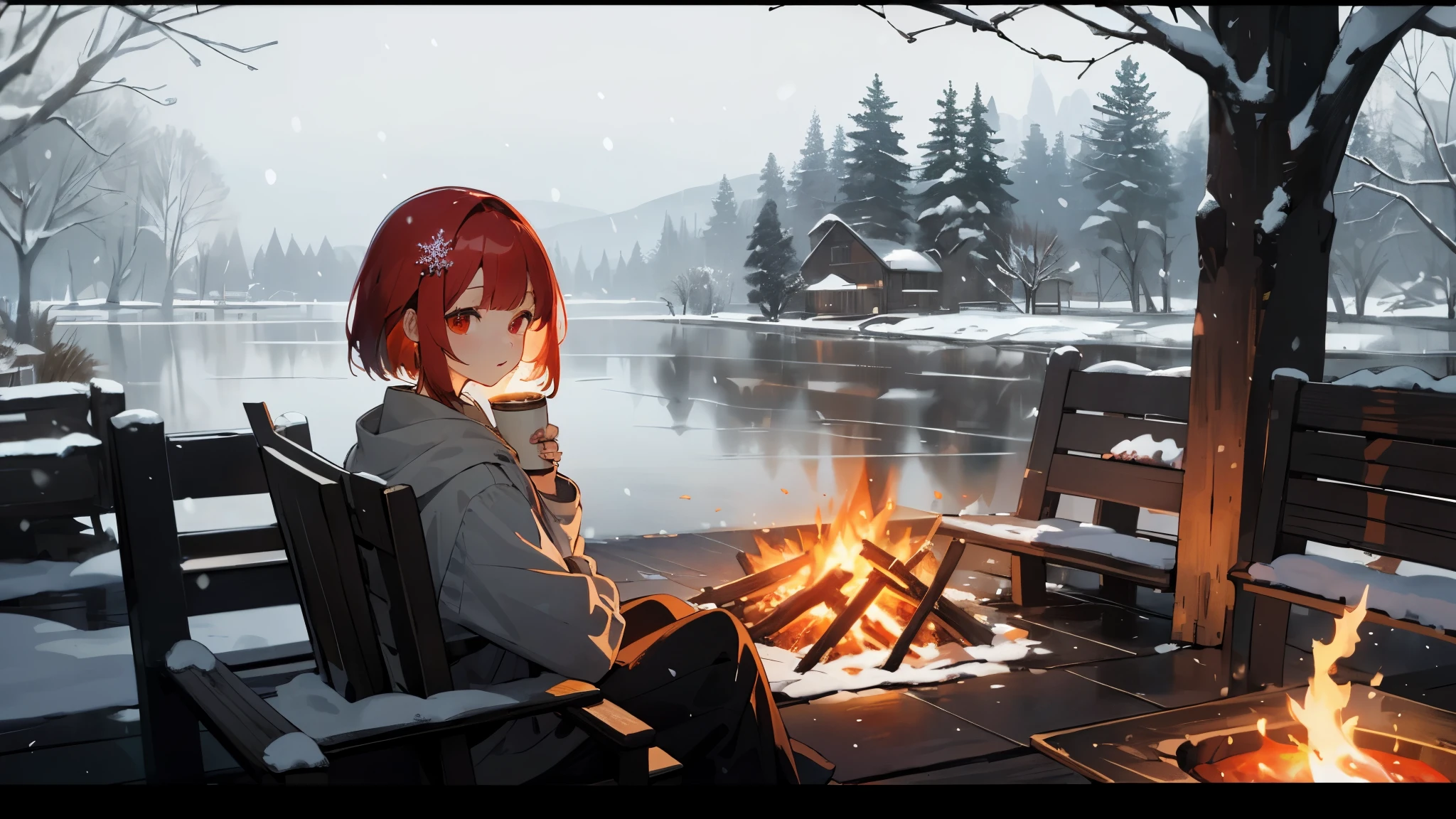I'm a cute girl、Red hair、red eye、bob、bangs, cute hair ornament, 4K、highest quality、Anime style please, I want AI to create images with a lo-fi theme.. Even though it's snowing outside、Imagine I'm next to a bonfire by the river.。. I'm sitting in a comfortable armchair by the window, while enjoying hot coffee. I want to have a view of the river as a background.. Please express the tranquility and beauty of the snowy landscape.. Make sure the riverside is comfortable, With rustic details and lo-fi elements, pay attention to details such as falling snowflakes, A crackling bonfire and breathtaking riverside views. thank you. I would also like to see the fish being grilled by the bonfire.