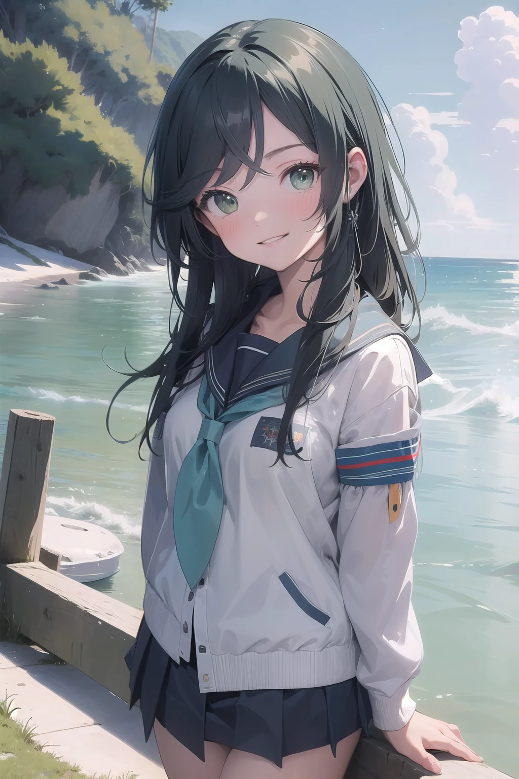 (masterpiece:1.3), (disorganized:1.3), (highest quality:1.3), (Super detailed:1.3), 1 girl, looking at the viewer, smile, outdoor, Upper body, few, Hello, serafuku, school uniform, sailor collar,green，greenいクラゲ，Ocean