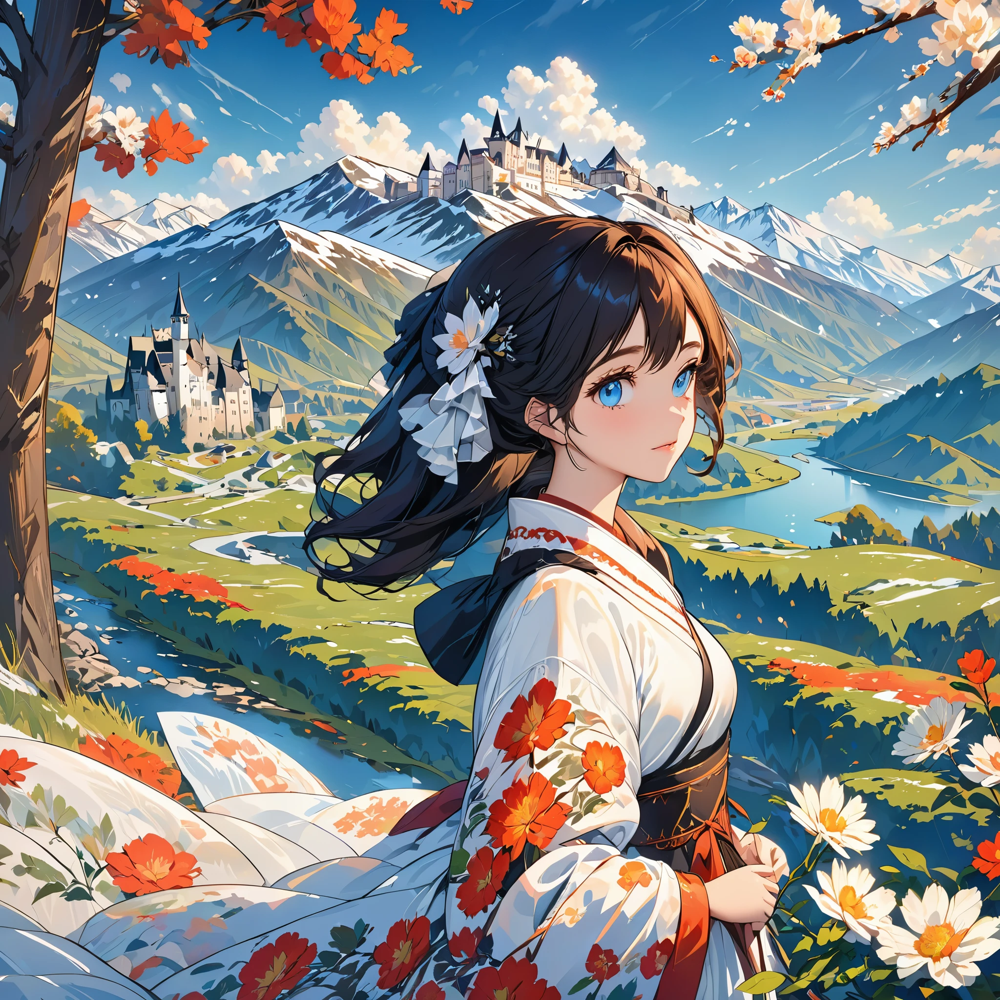 ((masterpiece)),best quality, illustration, dark, 1 girl, In the wilderness,Mountain high,Snowy mountains in the distance, castle, Beautiful and delicate eyes,  beautiful fine hair,