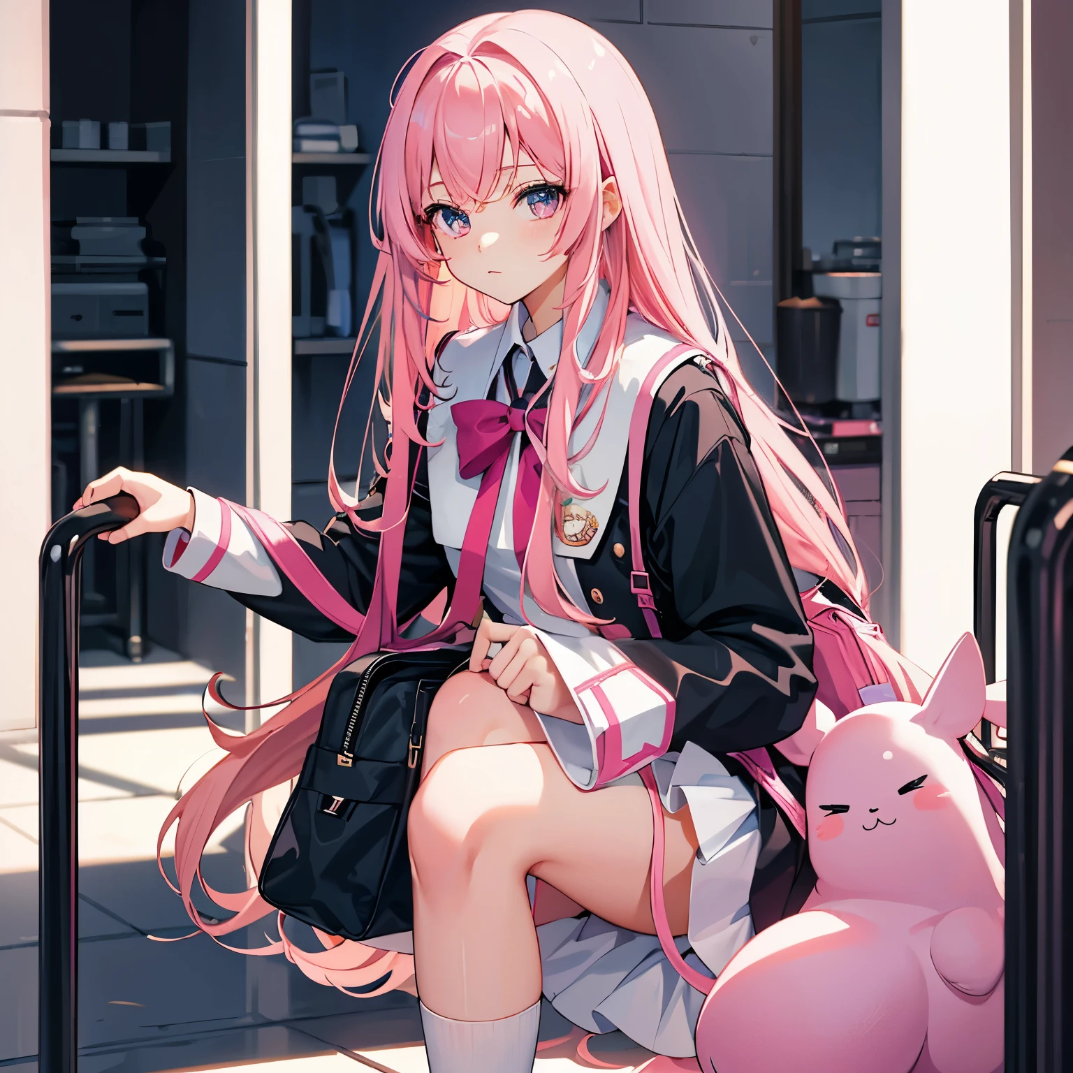 (best quality,highres:1.2),
teenage girl, beautiful face, , uniform with bag, low angle, long light pink hair, pink nails, big black eyes, white stockings, adorable, cute, anime style, vibrant colors, soft lighting, highschool environment