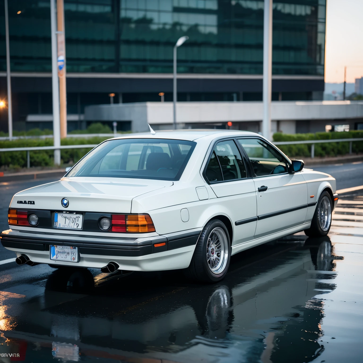 (masterpiece:1.3), (8K, photorealistic, raw photography, top image quality: 1.4), Bmw 325, 1991 model, lowered to the ground, wide lip wheels, (detailed:1.4), 3D, (extremely beautiful car), (bmw logo in sharp detail), immaculate paint job, (realistic tires with wide lip rims), (ultra-detailed engine parts), (sunset background with a blurred effect), (exterior and interior shots:1.3), (realistic reflection on the car body), (perfect proportions), (high definition texture), (precise sh