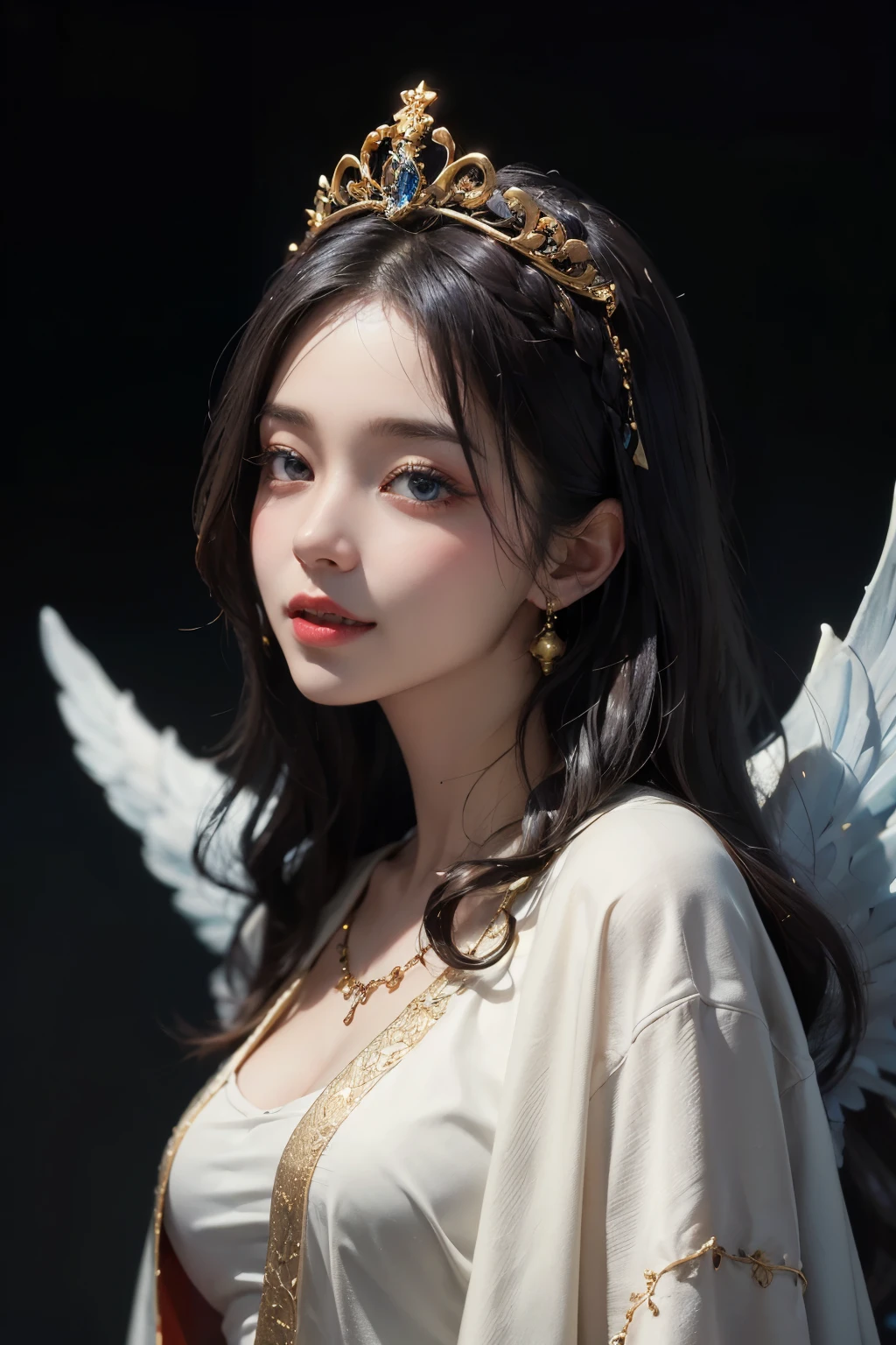 ((highest quality)), ((masterpiece)), (be familiar with), perfect face(highest quality, 4K, High resolution, masterpiece:1.2), super detailed, realistic, radiant lighting, 25old angel, white big wings、both wings、portrait, fantastic colors, Fine art, existence of ether, dream-like, be familiar with顔の特徴, shining eyes, angel beauty, fantastic shine, mythical creatures, harmonious composition, dazzling colors, stunning visual effects, Otherworldly appearance, captivating artistry,front、smile、kind、eyes are blue、long eyelashes、smile、体の向きをfrontに、black hair、long hair、curly hair、bangs、Gold tiara、gold necklace、looks happy、I'm in a rose field、fortune teller's clothes、fur cloak、wearing armor、wearing a fur robe