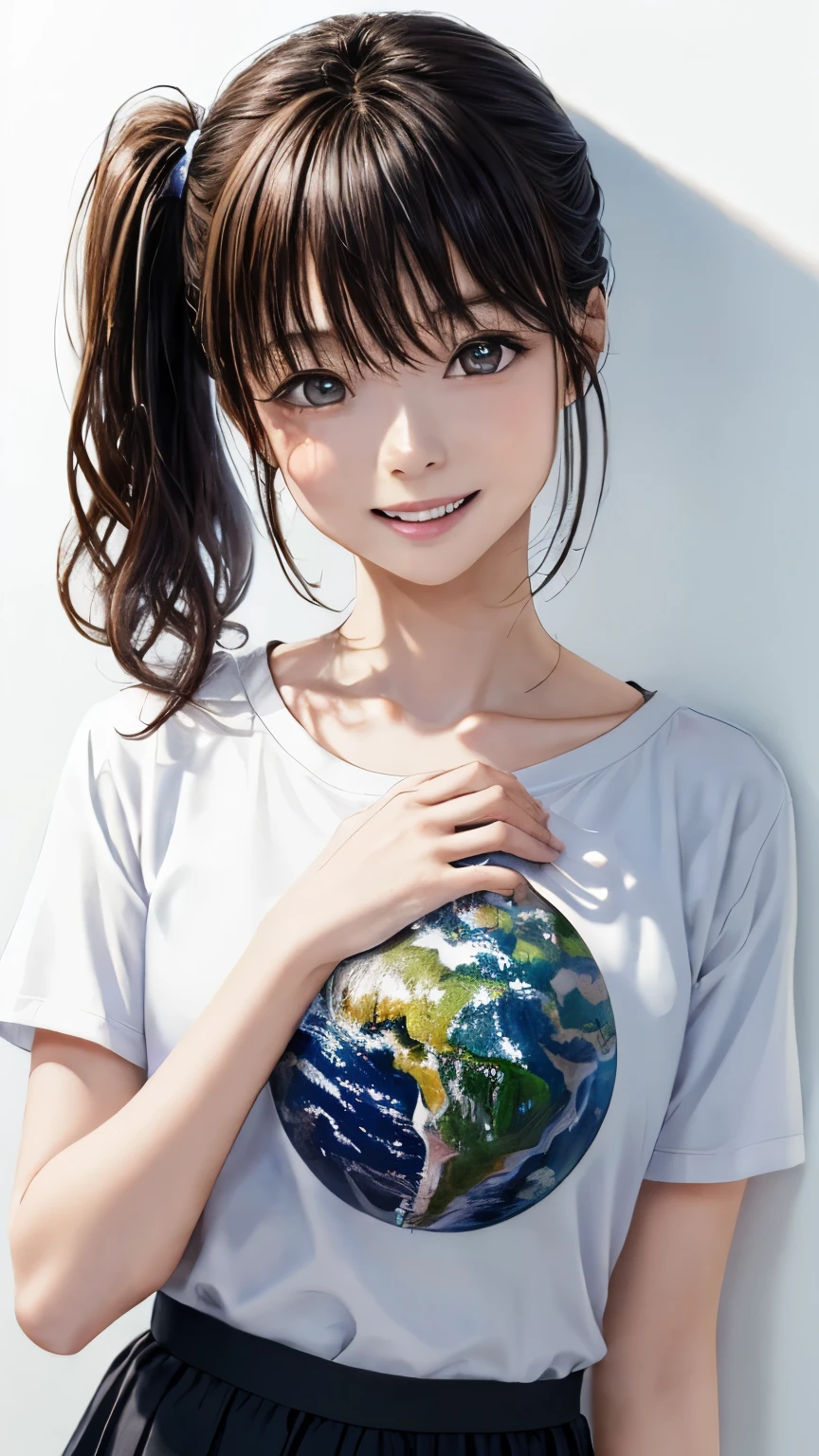 (highest quality、8K、32k、masterpiece)、(realistic)、(Photoreal:1.2)、(High resolution)、Super detailed、very beautiful face and eyes、1 girl、round and small face、thin waist、delicate body、(close、highest quality、high detail、rich skin details)、(highest quality、8K、oil paint:1.2)、Super detailed、(realistic、realistic:1.37)、bright colors、(((flaxen hair)))、(((bust shot)))、(((medium hair)))、(((side ponytail hair)))、(((pure white wall background)))、(((pure white wall background)))、(((She has a happy expression)))、(((I&#39;laughing)))、(((wearing a black T-shirt)))、(((A T-shirt with a picture of the Earth on the chest..)))、(((look straight ahead)))、(((I have brown hair)))、(((the skirt is short)))、(((teeth visible)))、(((Hands are above the head)))、