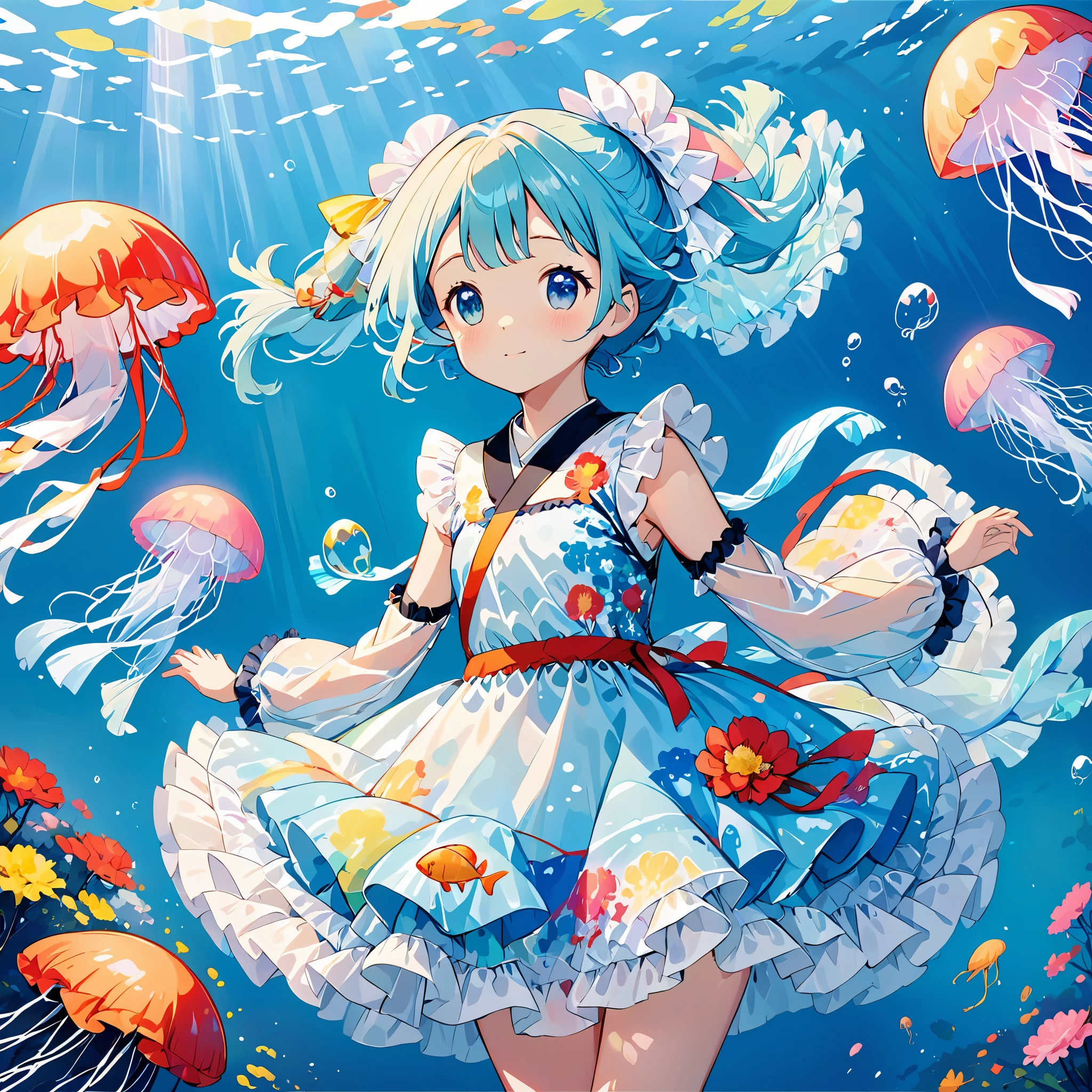 cute girl yes,flat chest,kawaii,(jellyfish girl:1.2), Put your arms behind your back,underwater,frilly dress,