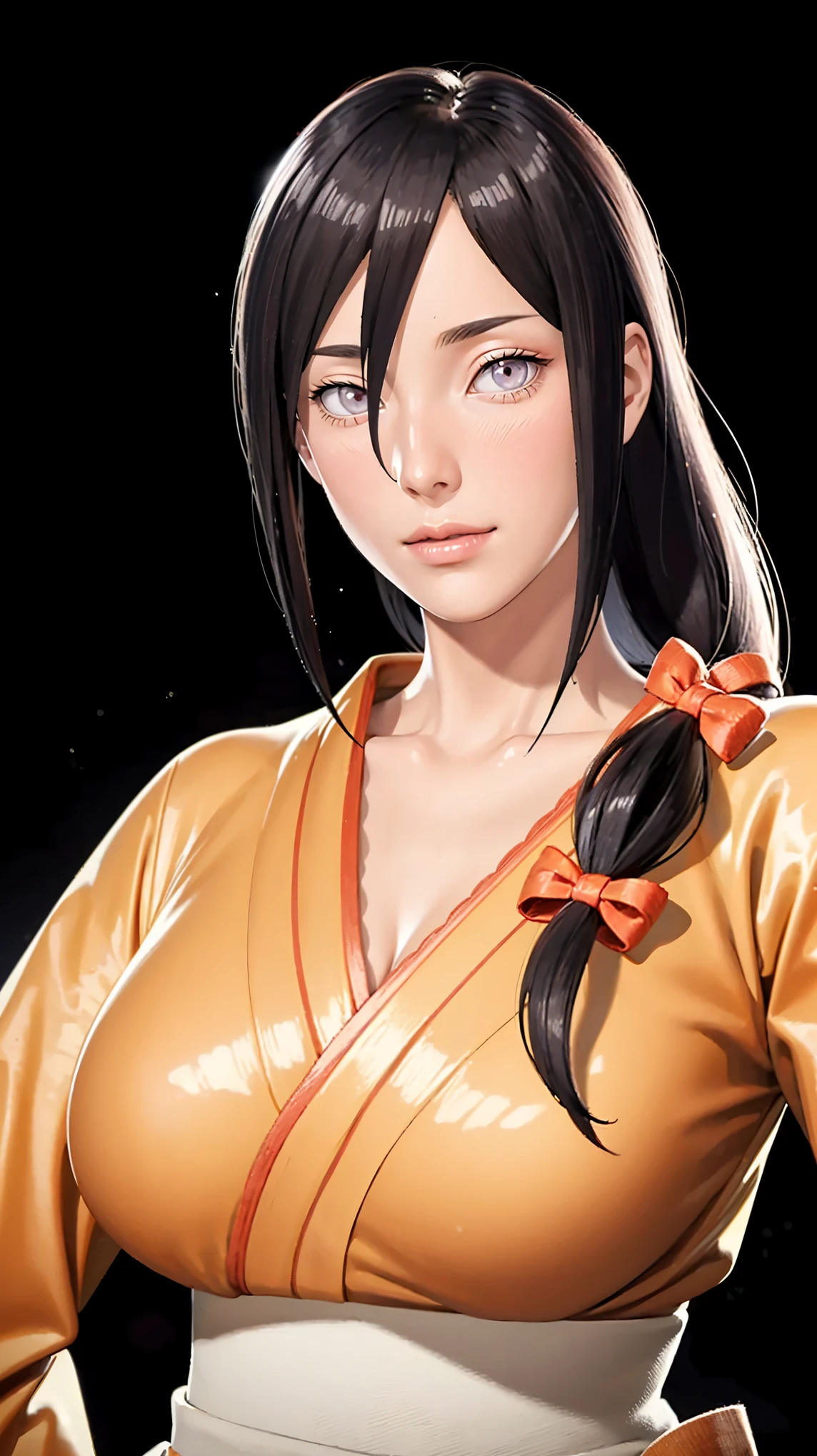 （（（完美figure，figure，orange kimono, obi，hakama skirt，hana，flame print kimono，（（（hyuuga hanabi，low tied long hair，hair bow，Light blue pupils））），S型figure:1.7））），((masterpiece)),high resolution, ((Best quality at best))，masterpiece，quality，Best quality，（（（ Exquisite facial features，looking at the audience,There is light in the eyes，Happy，lol））），（（（Interlacing of light and shadow，））），（（（looking into camera，black background）））