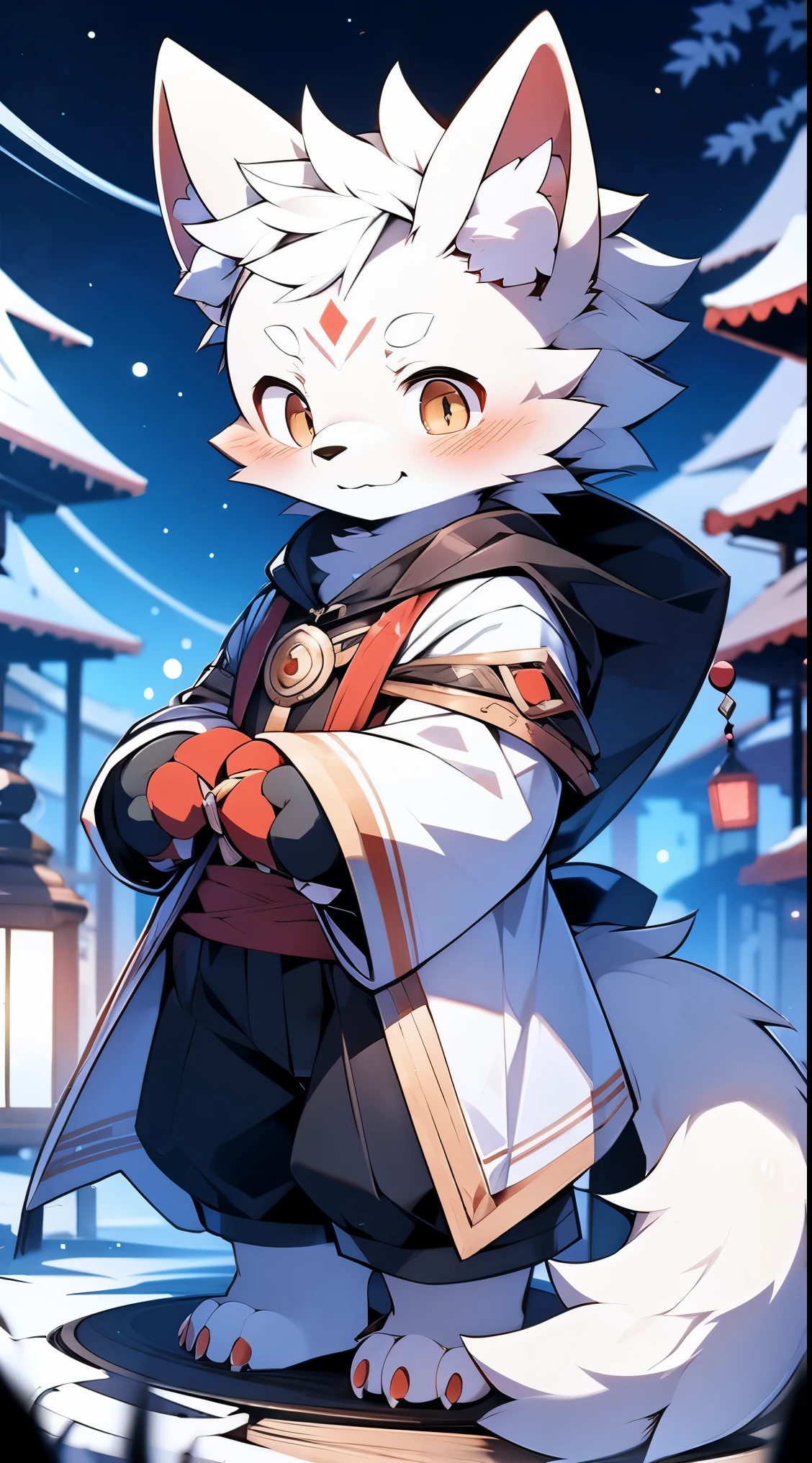 hairy,white fur,male,canine,white wolf,the only person,sharp claws,Fine hairs,golden eyes,thick eyebrows,hairy的尾巴,Magic robes,wear red,super detailed:1.0,in the forest,night,Detailed background,horny boy,toddler,(dagasi street:1.1),anatomically correct
