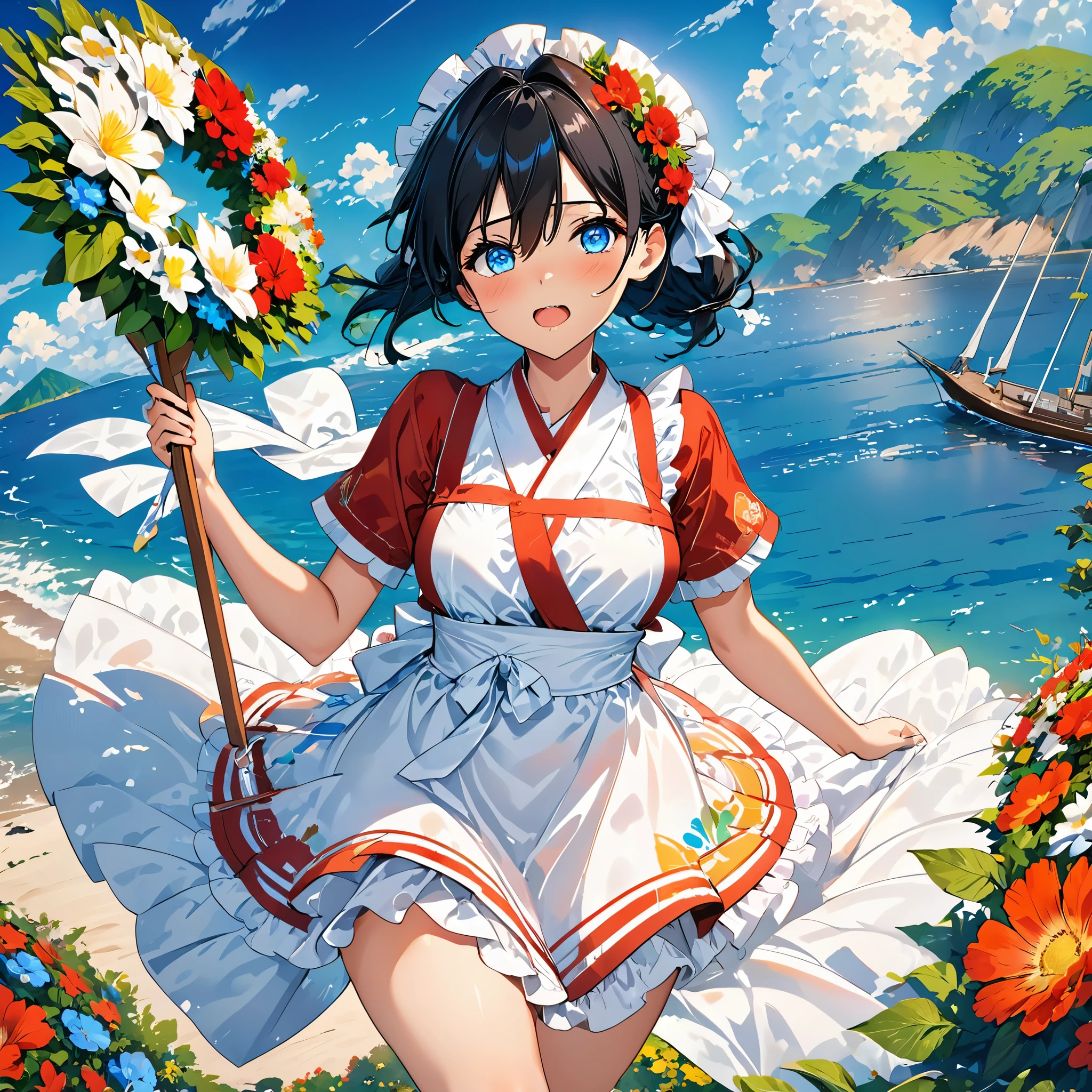 anime characters (big deal) Wearing white apron and black hair, azure line style, Fleet series style, Pixiv 3DCG, ahegao, Kushat Wreath, Anime cute art style, From《Azur route》video game, Biomechanics OPPEIN, Top Ranked on Pixiv, best quality, 8k HD, Thigh clearance, half naked