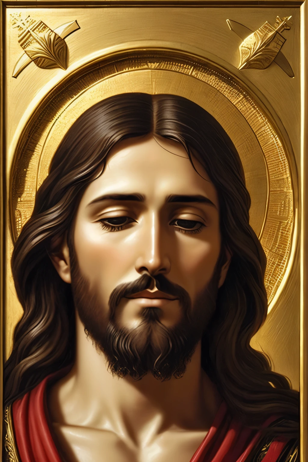 During the days of Jesus' earthly life, he fervently prayed and made heartfelt petitions to the one who held the power to save him from death, with tears streaming down his face. His prayers were answered not only because of his deep reverence and submission but also due to the divine connection he had established. This poignant moment in time was captured in a masterpiece painting, where Jesus is depicted with a solemn expression, his eyes pleading towards the heavens in ultimate faith. The painting, in exquisite detail, captures every line on his face, the ripples in his clothing, and the texture of his robes, all in best quality, ultra-high resolution. The use