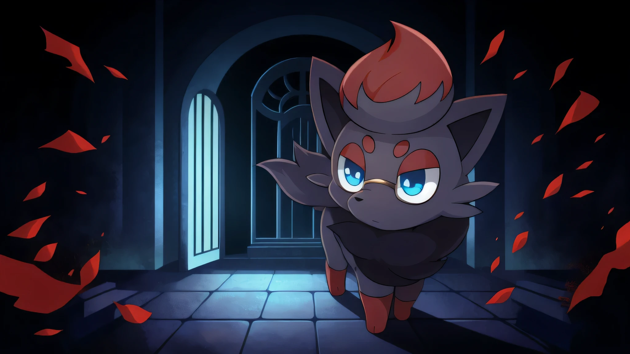 Zorua, blue eyes,nerd_rectangle_black_glasses red hair, feral,masterpiece, high quality, anime style, full body, Roblox the mimic, scary background, japanese gates, japanese theme