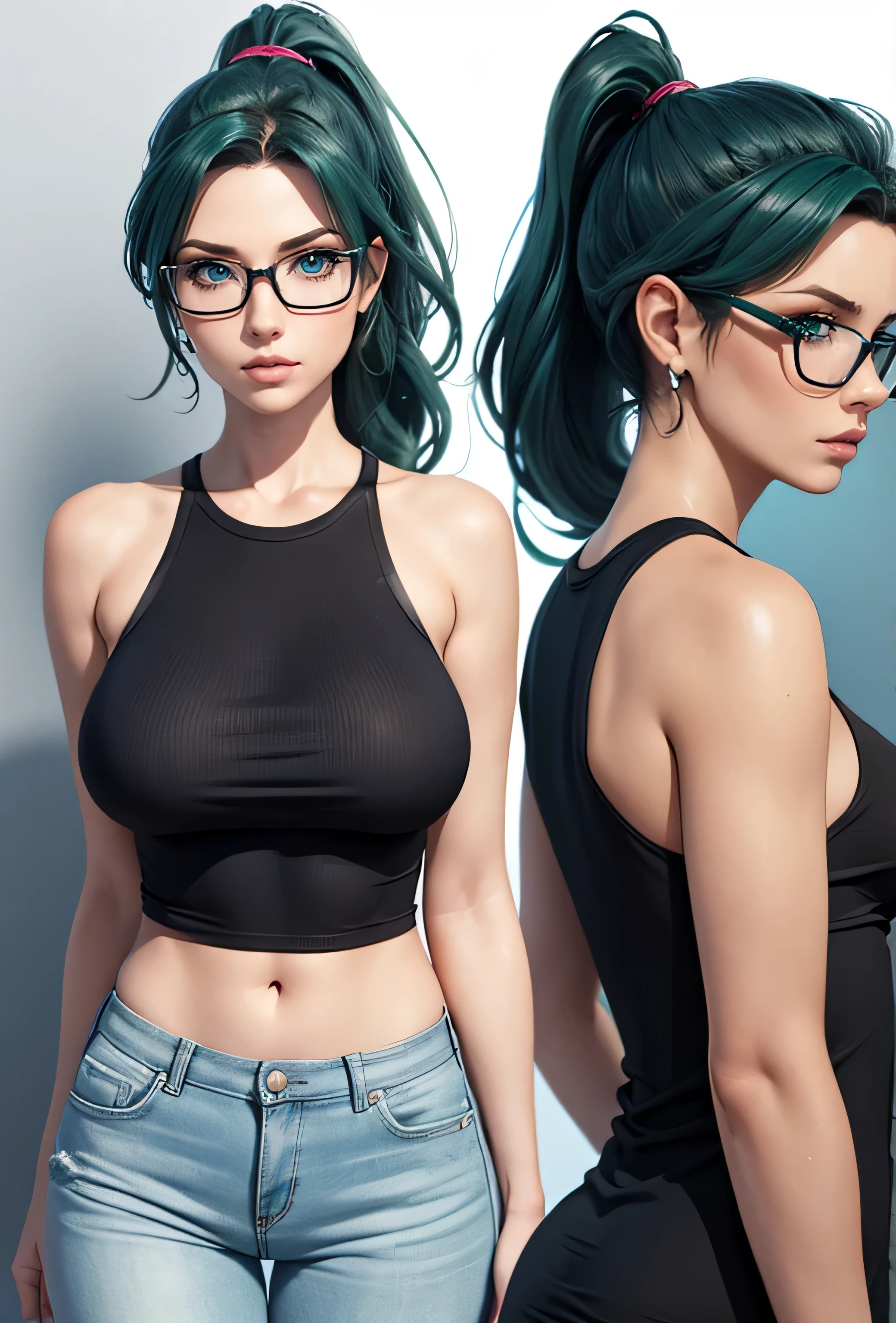 3d model turn around (character sheet) (realistic) (toned body)(A beautiful 28 year old female who is a demigoddess , blue green eyes and dark blue wavy ponytail) she wears casual clothes and glasses