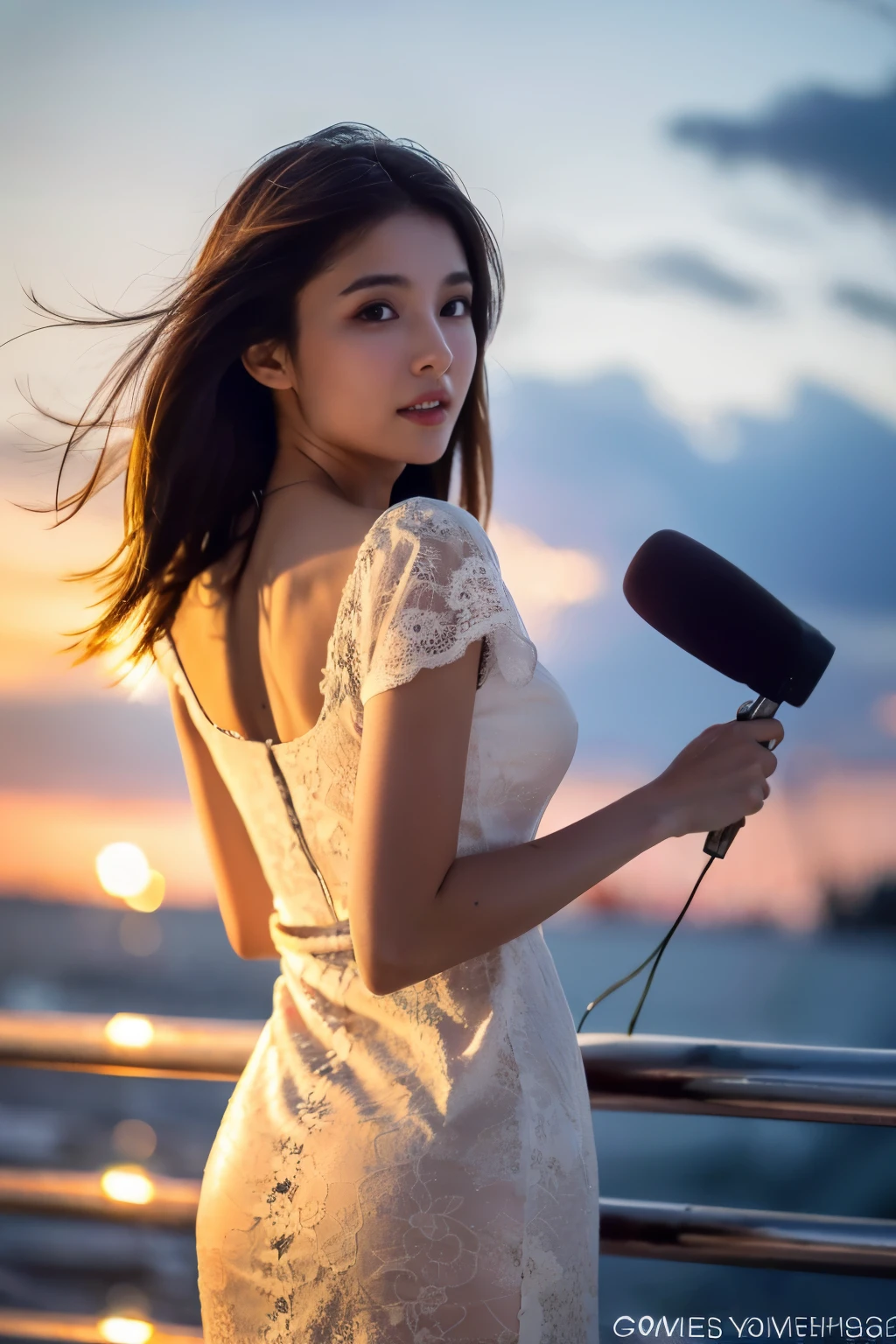 (news announcer), Japanese, (best quality, masterpiece:1.2),ultra detailed,(photo realistic:1.4),solo,sexy lady,summer lace dress,night beach,blurry_light_background,
