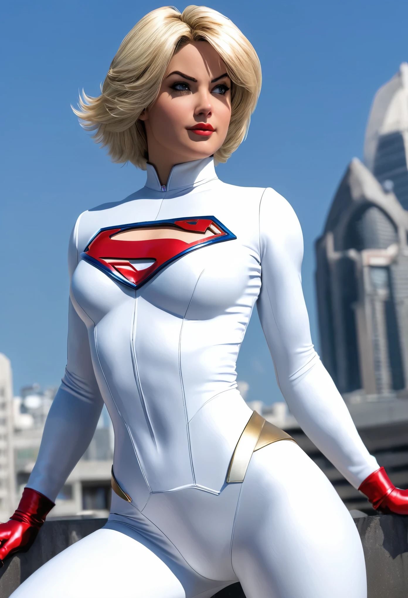 full shaped head to toe of power girl from DC comics, comic style, 4K, HD, super detail, comic accurate, long shoot, zoom out, don't crop, uncut, full screen, colored, front angle sitting raised leg, fan art