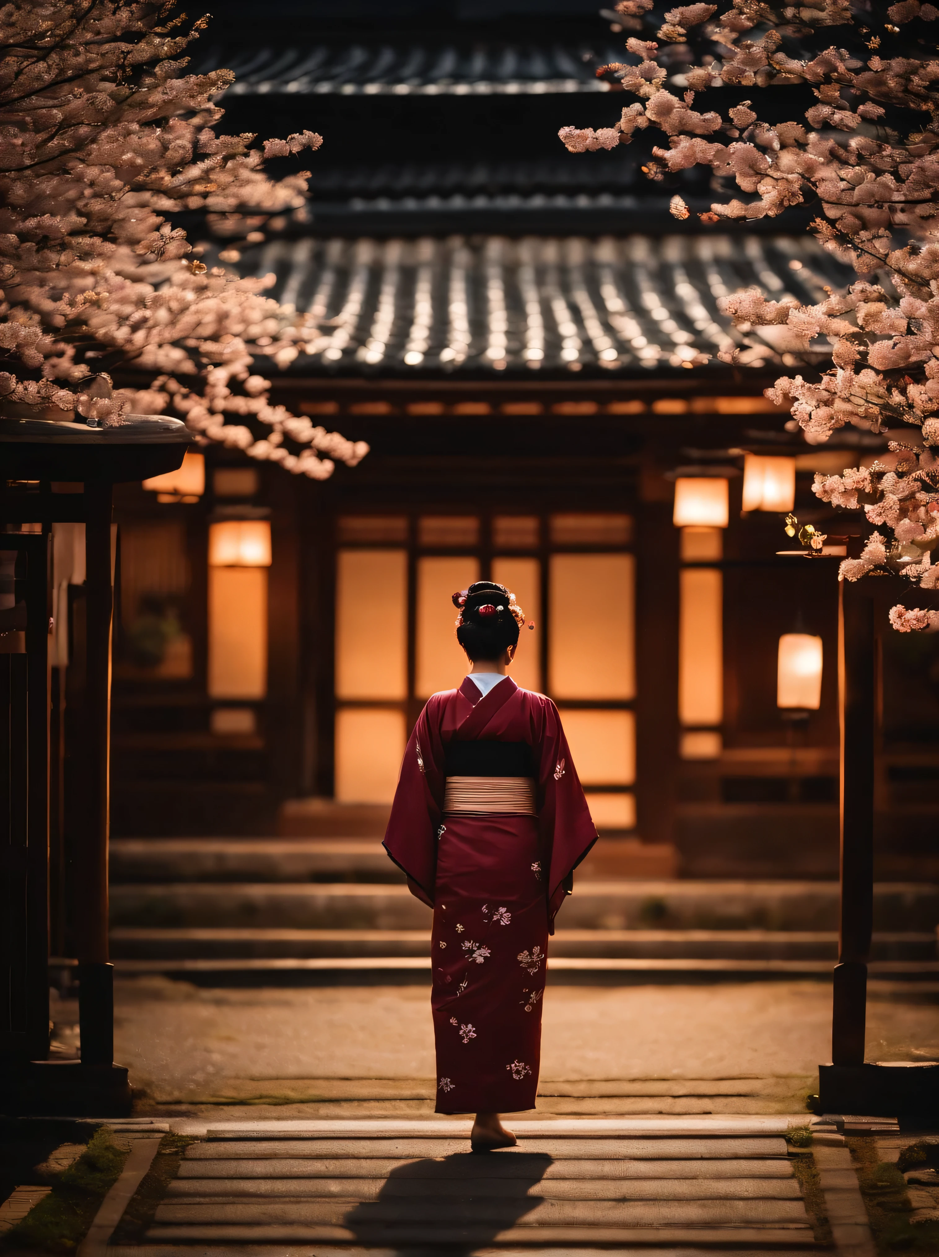 Kyoto during the shogunate era,It is full of cherry blossoms,There is a Japanese girl,wearing kimono,Light from the side at night,warm tones,There are many lanterns hanging on the house
