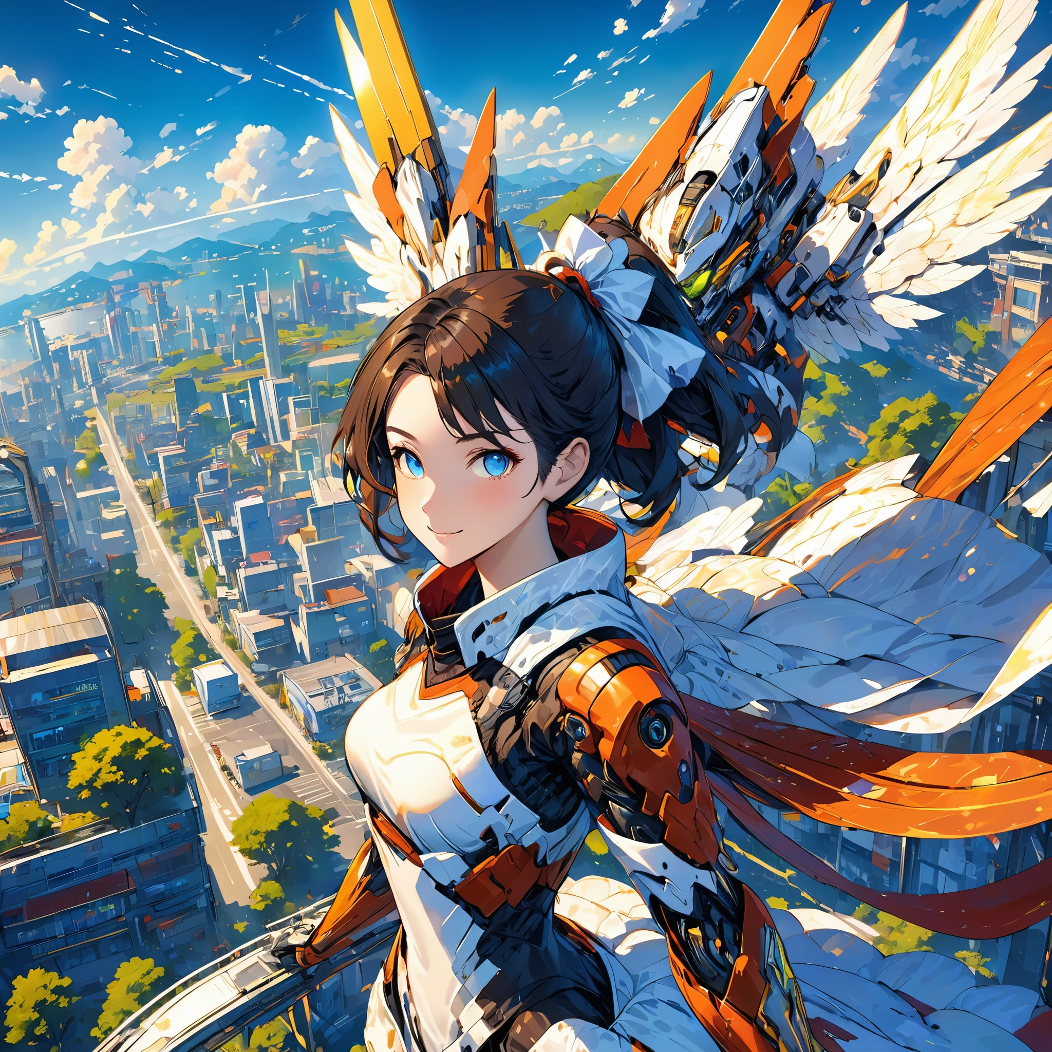 masterpiece,(best quality),Very detailed,Super detailed,1 girl,(Mechanicalwing:Golden,glowing eyes:blue,Goldenrarmor:1.2,stretch darling:0.8),(Cyberpunk City:1.5,arms:energy blade),(fantasy landscape:1.2,natural lighting:1.5,confident expression),(panoramic:1.2),Mecha, Smile,angle,Angel, wing,Chrome alloy,raw