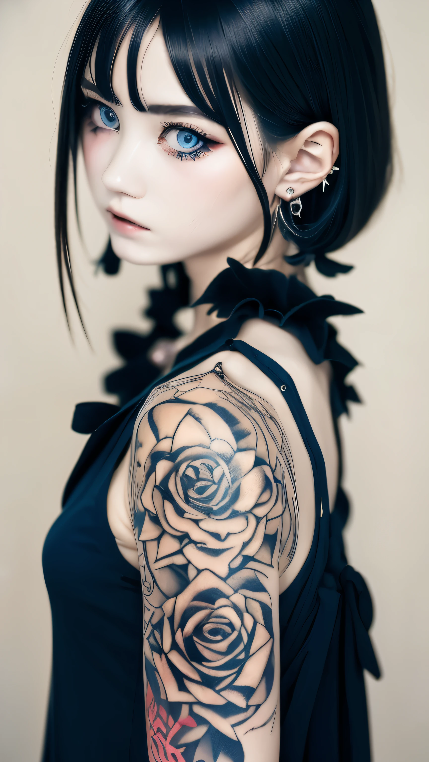 hair ornaments、earrings、rose tattoo、gothic punk, 13 year old girl, alone,、highest quality, realistic, Super delicate illustration, Beautiful and charming girl, slender body, wolf cut hair, one girl, girl pictures, full body shot, beautiful blue eyes, looked back,ear nipple rings、hair ornaments、gem、innocent face、