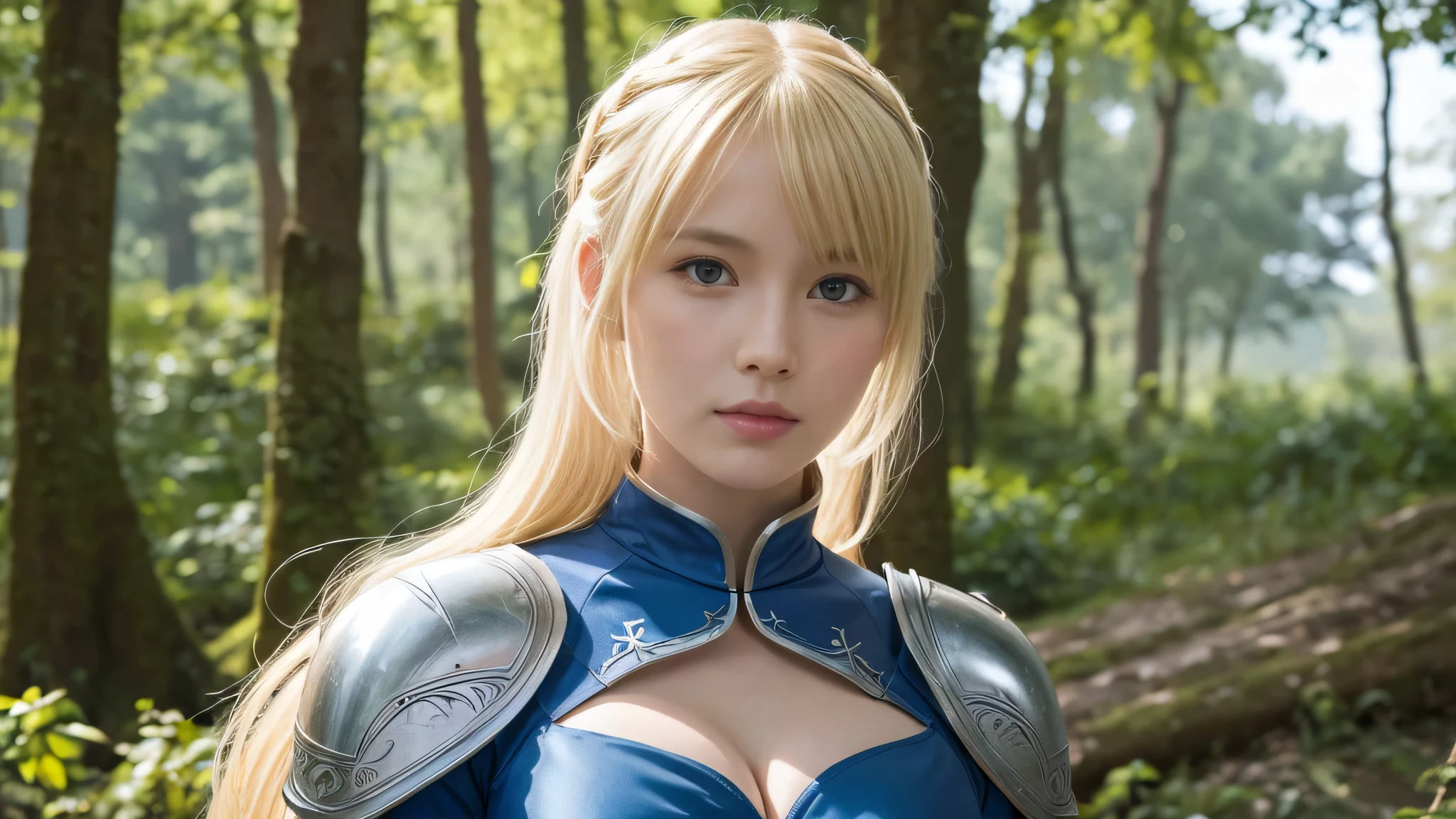 (alone,masterpiece,highest quality,High resolution,realistic, photo realistic), cosplay,Artoria Pendragon, High resolution, beautiful eyes、well-groomed face,long eyelashes,smooth skin,plump lips, blonde, Because I&#39;m slender,Upper body,medieval armor,cleavage, prepare the sword,blue sky,forest