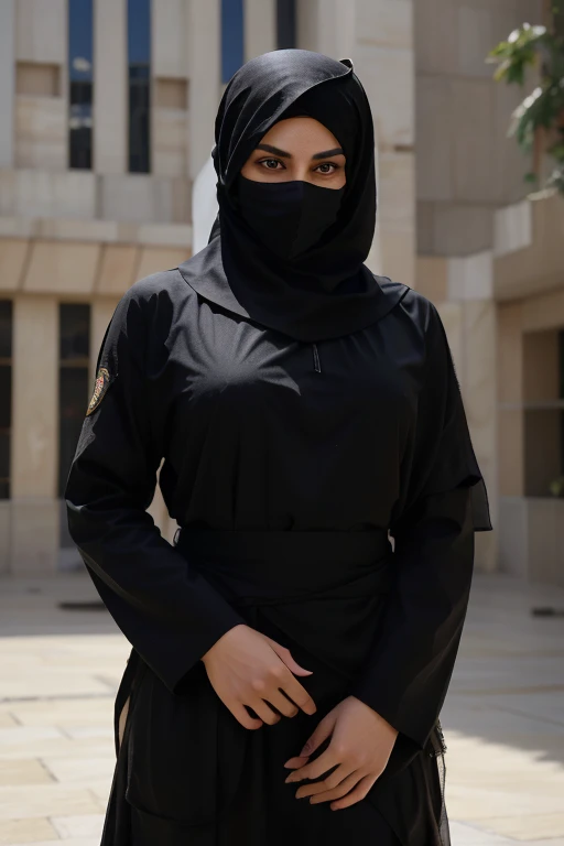 Cyberpunk Arabian style，Arab Luxury Women's Military Academy，Luxurious décor，Fabric decoration，Weapon decorations， army car，fighter jets，helicoptere，Three beautiful Arab officers，Wearing the uniform of a modern Arab officer，Covered with an Arabian burqa（Burqa），Arabic hijab（hijabi sluty），Arabian veil（niqab），Black hood，Black mask，bound waist，masked，Only the eyes are exposed，Sharp eyes，Stand in a row at the military academy，Holding the military flag，All masked，Perfectcomposition