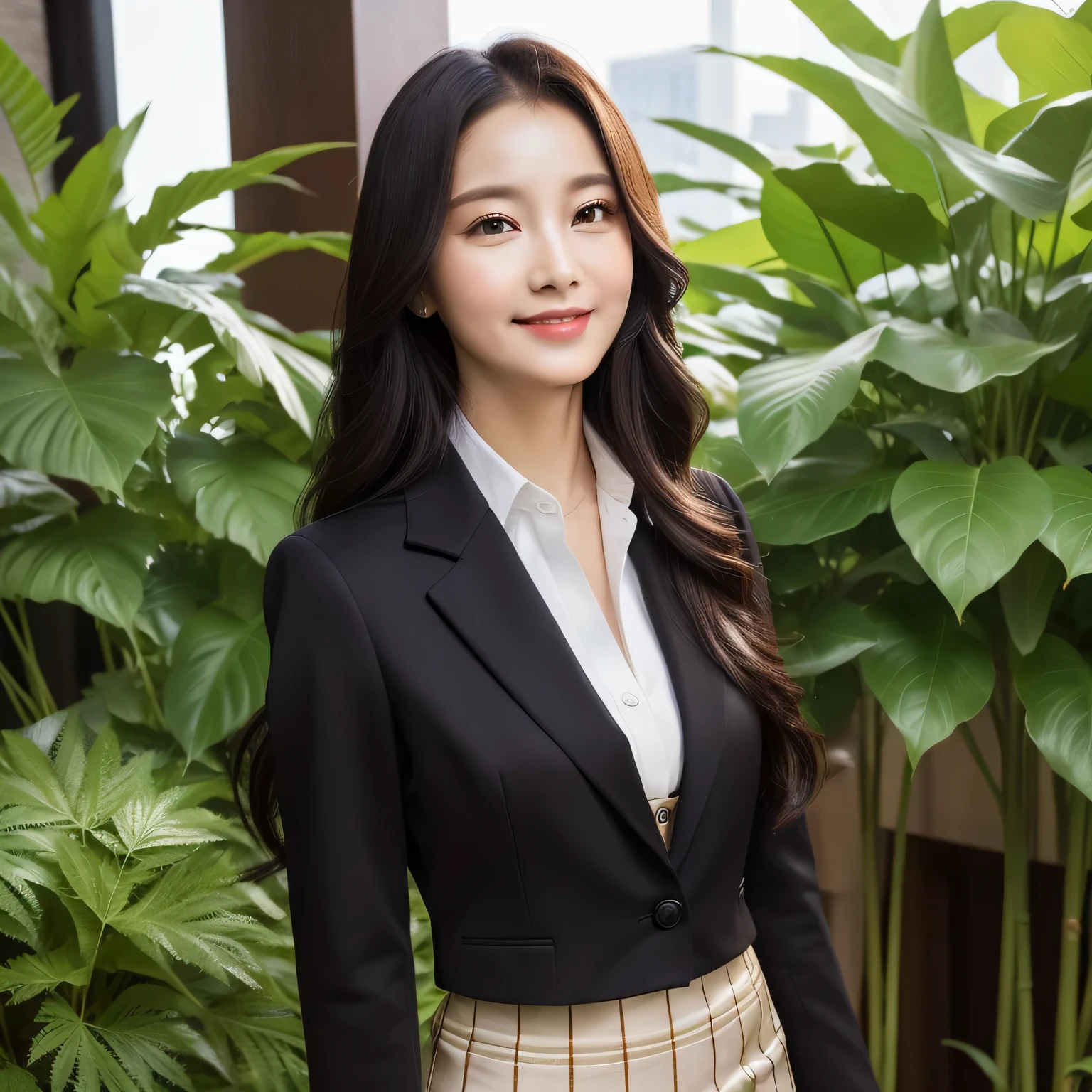 1 adult female, long hair, curly hair, black hair color, smooth skin, brown eyes, make you smile, vegetation, time々, business woman style skirt suit, realist, With luxury restaurant background, 8k super realist, super detalhado e realist