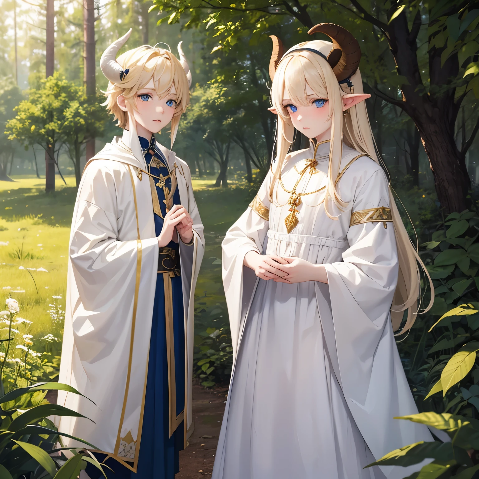 Effeminate boy with pale porcelain skin, unruly blonde hair, big blue eyes, has goat ears and horns, stands in a Russian forest, wearing a traditional Russian costume, feminine, Found collecting herbs 