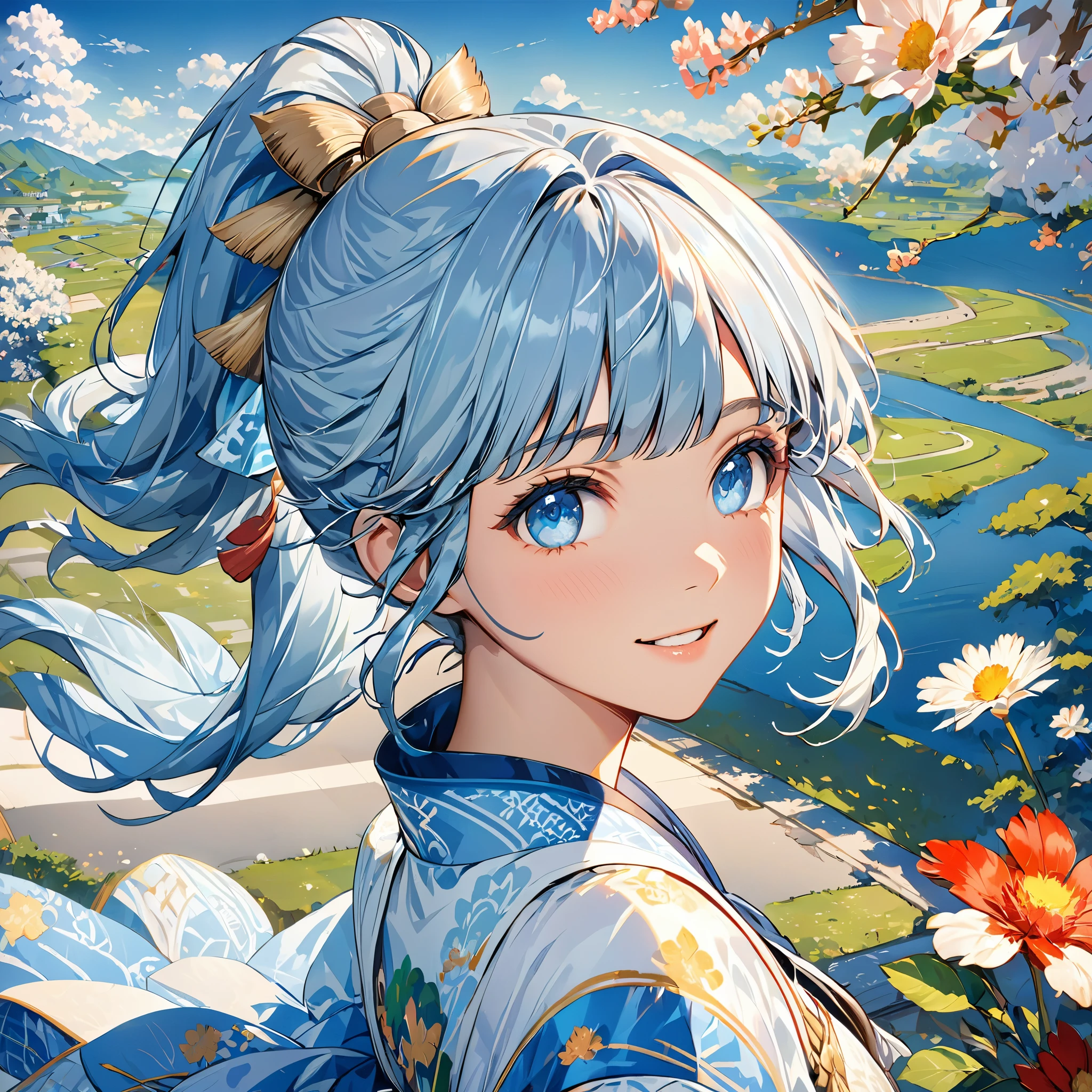 (masterpiece), (best quality), (Super detailed),(disheveled hair),(illustration), (1 girl), permanent, Smile, Beautiful and delicate eyes, light blue eyes, Detailed beautiful face, (Ayaka Uesou: 1.2), focus on face,  ponytail, Ayaka Uesou(Genshin Impact), light blue hair, Detailed hair, Bangs, best lighting, best shadow, Very detailed, energetic