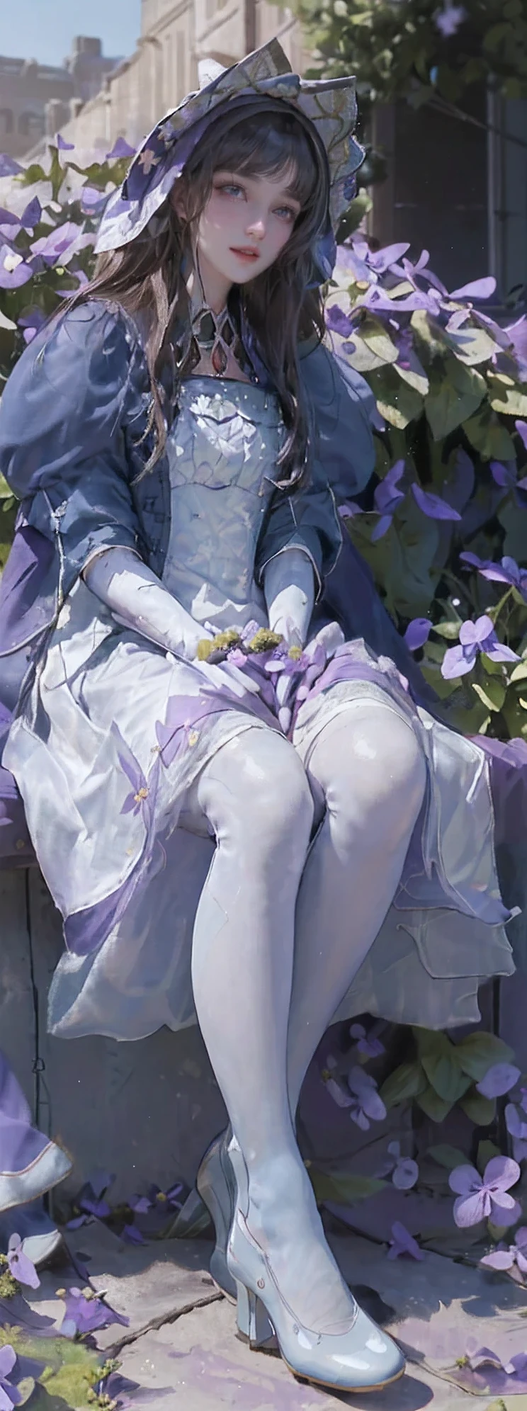 1girll,sandrone, (((cabellos largos dorados))), (((blue color eyes)))，Light smile, Hat,(((Sitting))),Outdoors,(((blue clear skies)))，(((Violets grow on the grass next to it)))，((((Anne Hathaway))))，(((white stockings)))，(((Wear blue high heels)))