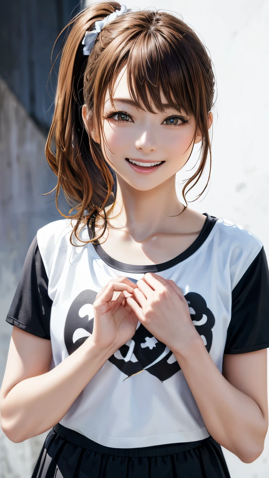 (highest quality、8K、32k、masterpiece)、(realistic)、(Photoreal:1.2)、(High resolution)、Super detailed、very beautiful face and eyes、1 girl、round and small face、thin waist、delicate body、(close、highest quality、high detail、rich skin details)、(highest quality、8K、oil paint:1.2)、Super detailed、(realistic、realistic:1.37)、bright colors、(((flaxen hair)))、(((bust shot)))、(((medium hair)))、(((side ponytail hair)))、(((pure white wall background)))、(((pure white wall background)))、(((She has a happy expression)))、(((I'laughing)))、(((wearing a black T-shirt)))、(((A T-shirt with a picture of the Earth on the chest..)))、(((look straight ahead)))、(((I have brown hair)))、(((the skirt is short)))、(((teeth visible)))、(((Hands are above the head)))、