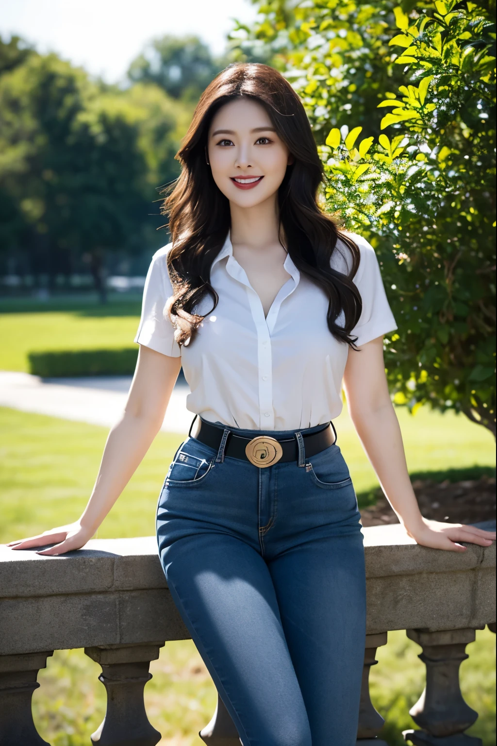 Draw lips correctly, red lipstick, from chest up, best quality, Super detailed, lifelike, Super fine skin, perfect anatomy, (1 日本Mature的女人), (alone),Wear a gray shirt,short sleeves,blue jeans,black belt,wavy long hair,37-year-old female,Mature,charming smile,outdoor background,stand,Leg length,Chubby,Big breasts,stand up,full-body shot