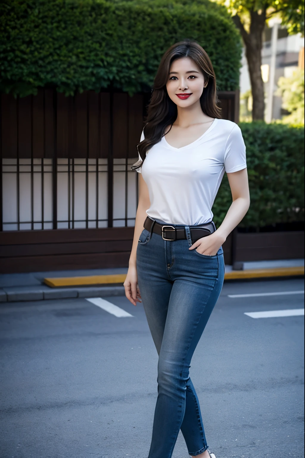 Draw lips correctly, red lipstick, from chest up, best quality, Super detailed, lifelike, Super fine skin, perfect anatomy, (1 日本Mature的女人), (alone),Wear a gray shirt,short sleeves,blue jeans,black belt,wavy long hair,37-year-old female,Mature,charming smile,outdoor background,stand,Leg length,Chubby,Big breasts,stand up,full-body shot