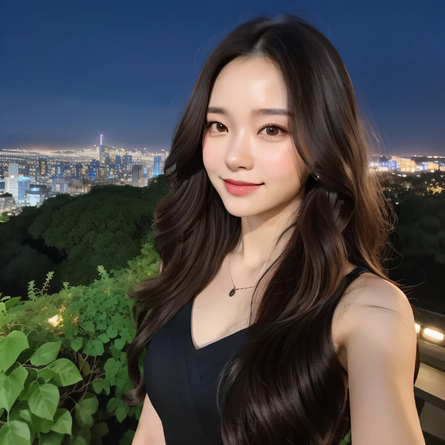 1 adult female, long hair, curly hair, black hair color, smooth skin, brown eyes, make you smile, vegetation, time々, long dress, realist, With city night view background, 8k super realist, super detalhado e realist