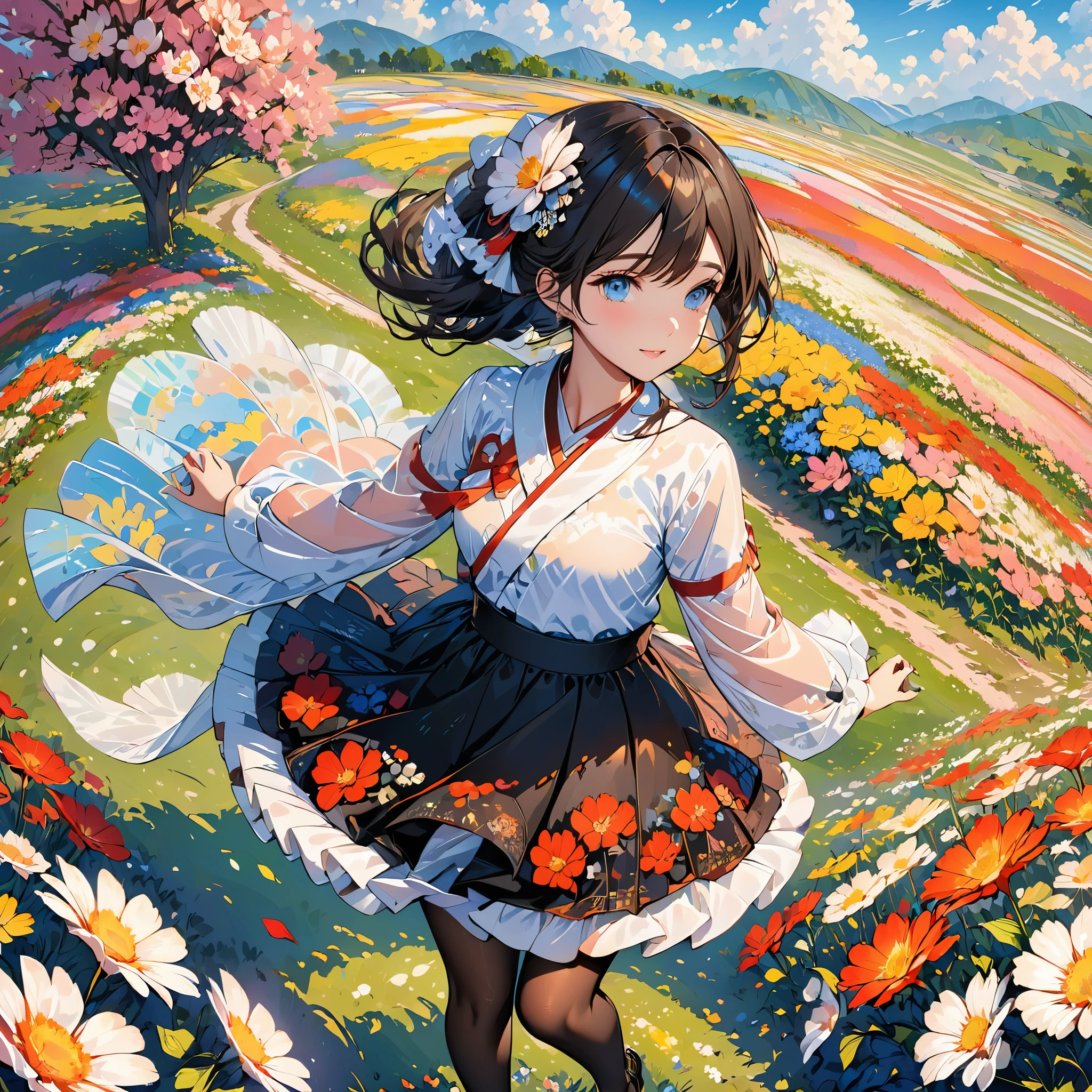 (masterpiece), (best quality), (Very detailed),black pantyhose, skirt, ear,permanent,  flower field,