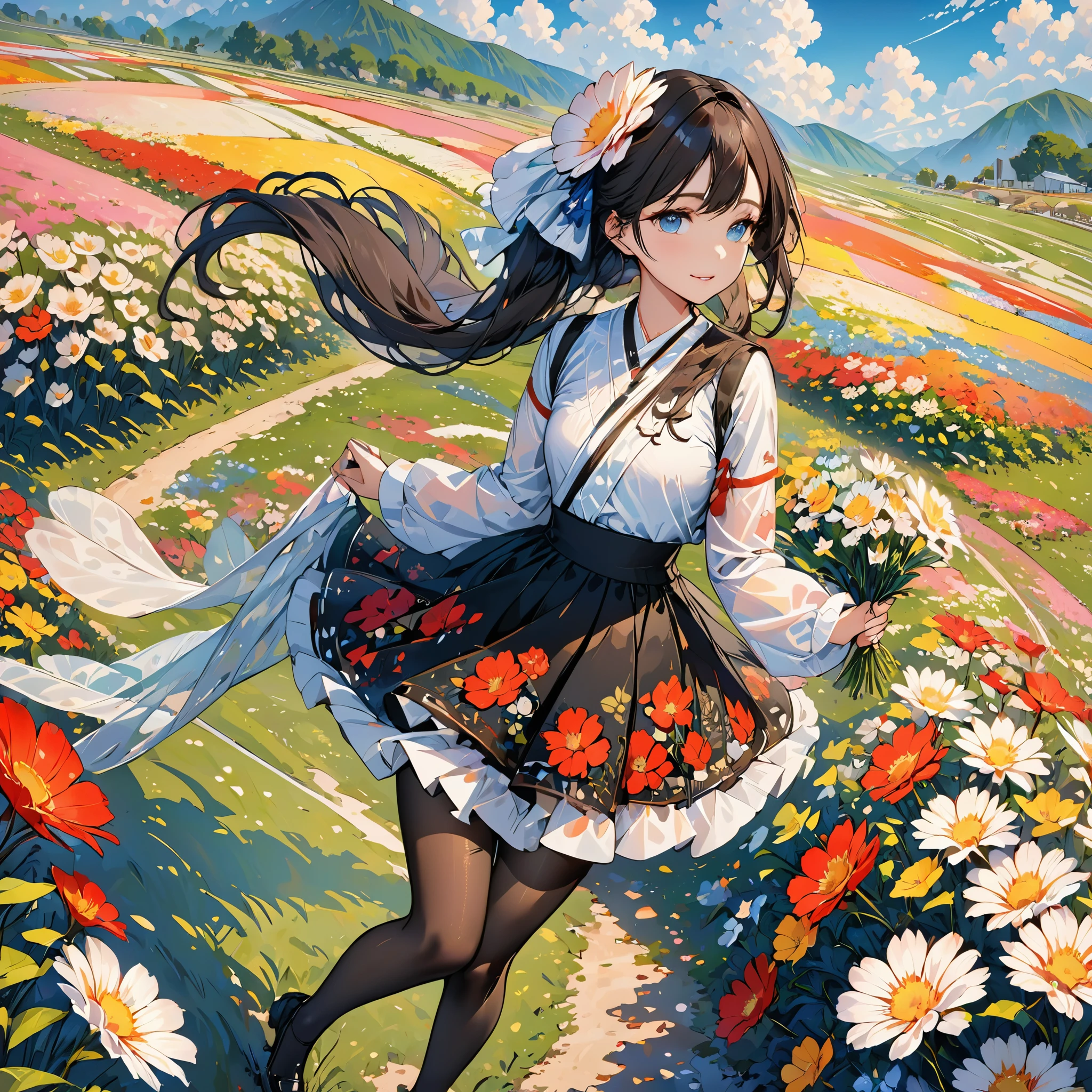 (masterpiece), (best quality), (Very detailed),black pantyhose, skirt, ear,permanent,  flower field,