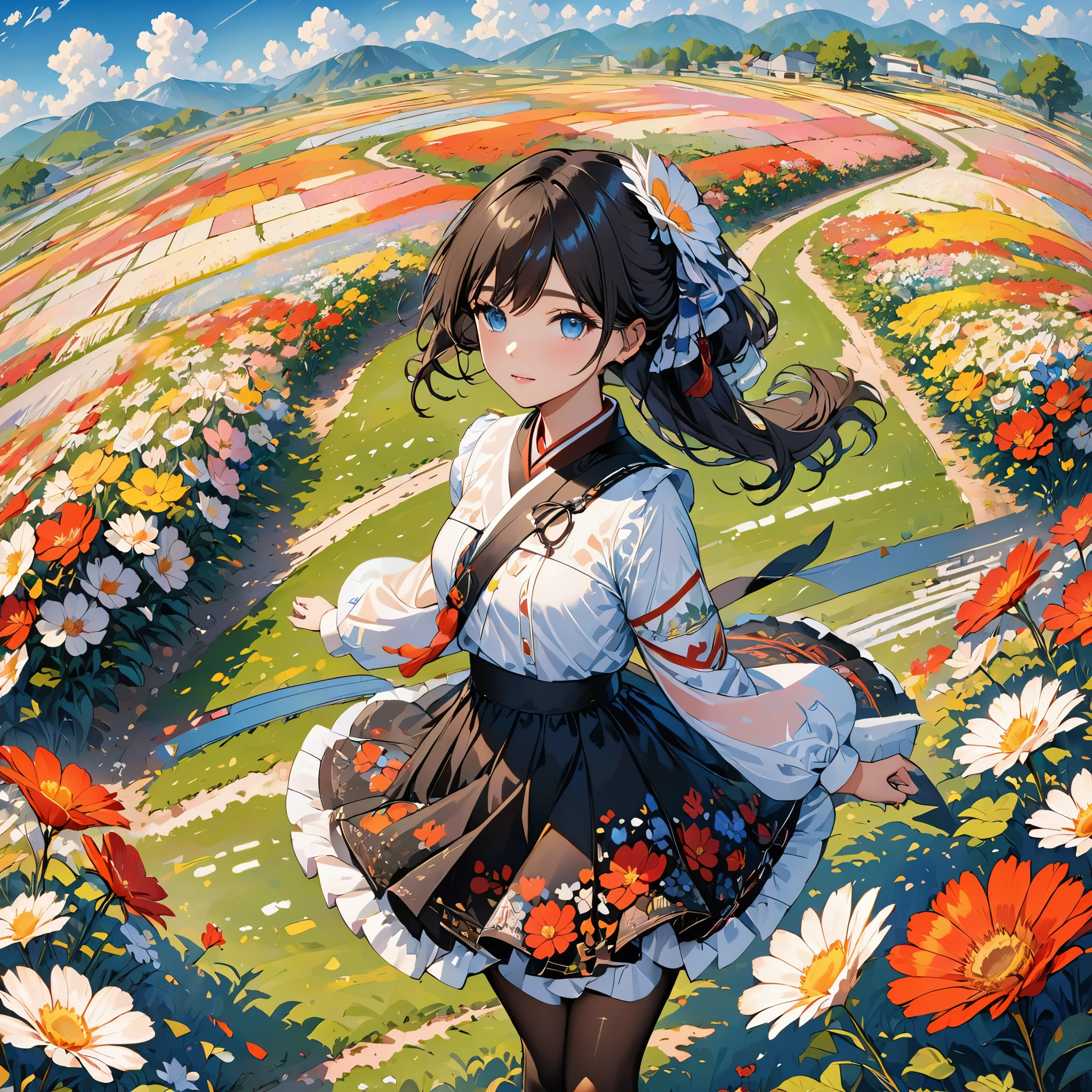 (masterpiece), (best quality), (Very detailed),black pantyhose, skirt, ear,permanent,  flower field,