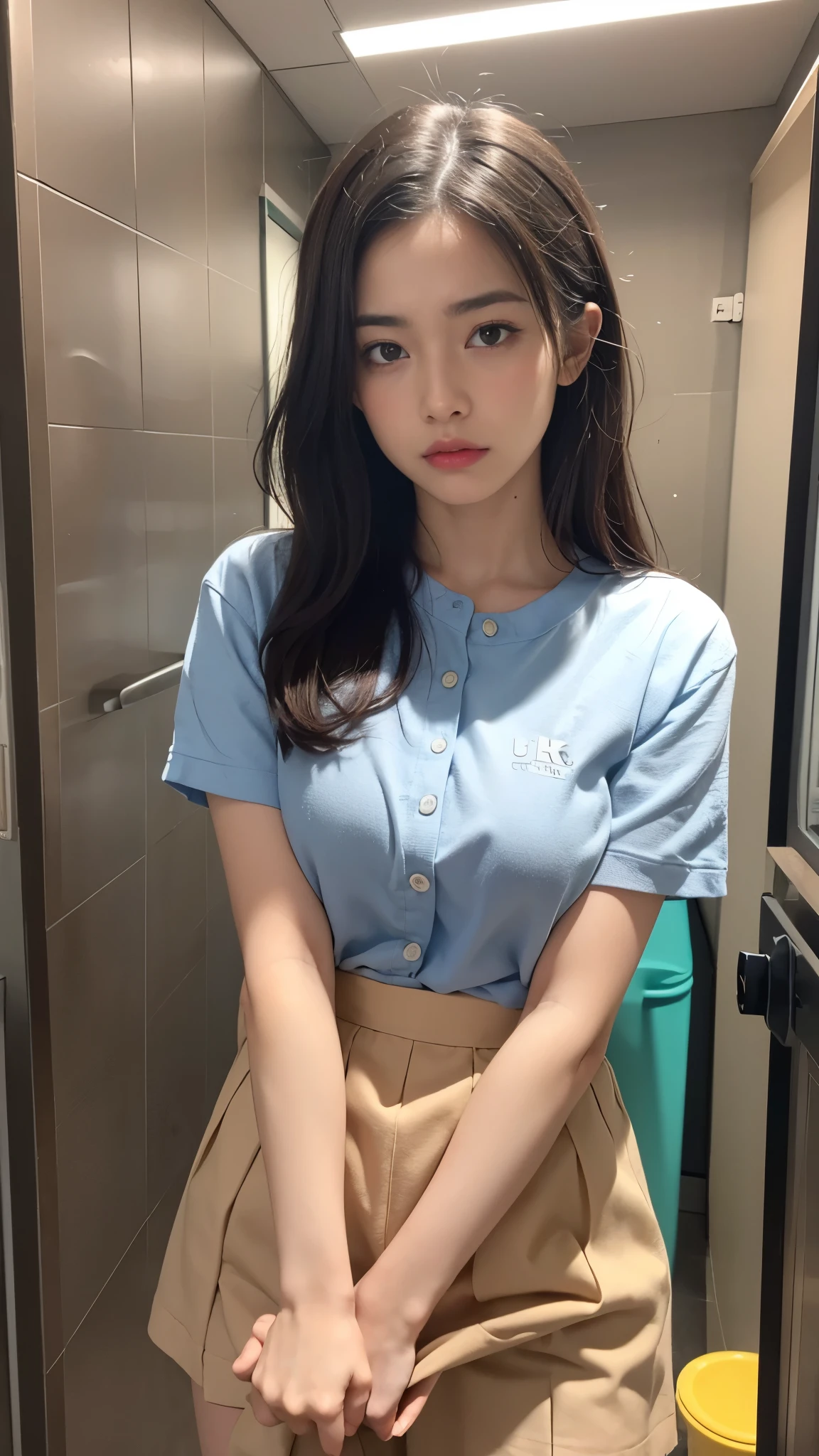 The background is a two-dimensional poster and a cabinet with erotic figures and gundams