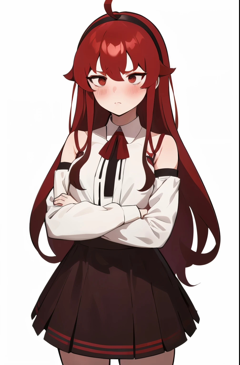 ellis greyrat, 1 girl, alone, long hair, Ahoge, red eyes, redhead, bare shoulders,hair band, crossed arms,blush, skirt, black hair band, chest, removed sleeve,bangs, hair between eyes, long sleeve, hair flap, closed mouth, black skirt, brown skirt, shirt, crossed bangs, very long hair, white shirt,