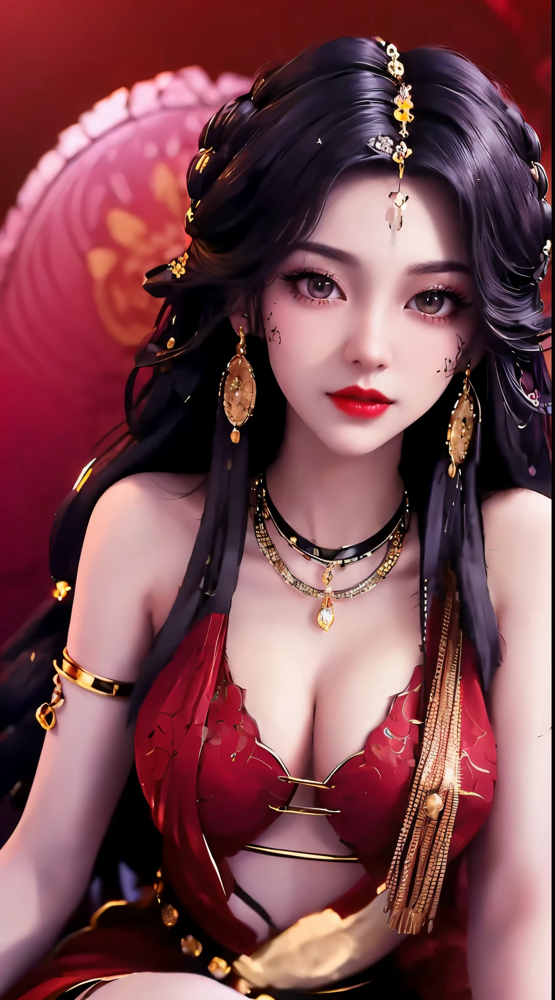 1 beautiful and sexy 20 year old girl, ((wearing a super thin red dress:1.6)), a dress with diamonds, ((long black purple hair:1.6)), bangs, jewelry elaborately made from precious stones and beautiful hair, ((wearing a black lace necklace:1.4))), the noble, noble style of an extremely beautiful girl, her small face is super cute, her face is very pretty, thin eyebrows, flawless beautiful face, ((black eye pupils: 0.8)), very beautiful eyes, ((black eyes: 1.6)), nice makeup and hair detailed eyelashes, steamy eye makeup, high nose, earrings, red lips, ((closed mouth: 1;5 )) beautiful lips, slim hands, most beautiful thighs, ((arms spread out to the sides: 1.5) ), rosy face, clean face, flawless beautiful face, smooth white skin, (big breasts: 1.5)), ((high breasts: 1.6) ), tight breasts, beautiful cleavage, (((big breasts and super round: 1.8))), ((super tight breasts: 1.7)) , beautiful breasts, perfect body, back arms, chest out, thin black mesh stockings with black lace trim, (((sitting position, lean back and lean your arms behind you:1.5))), ((chest up position: 1.5)), don't be shy, 8k photo, super high quality, super realistic, super 10x pixels, optical, bright studio, bright edges, dual-tone lighting, (high-detail skin:1.2), super 8k, soft lighting, high quality, volumetric lighting, photorealistic, photorealistic high resolution, lighting, best photo, 4k, 8k quality, blur effect, smooth sharp, 10 x pixel, ((red flower background:1.5)), aurora, lightning, super graphics realistic, most realistic graphics, alone, solo, Extremely sharp image, surreal, (((frontal portrait: 1.6)))."