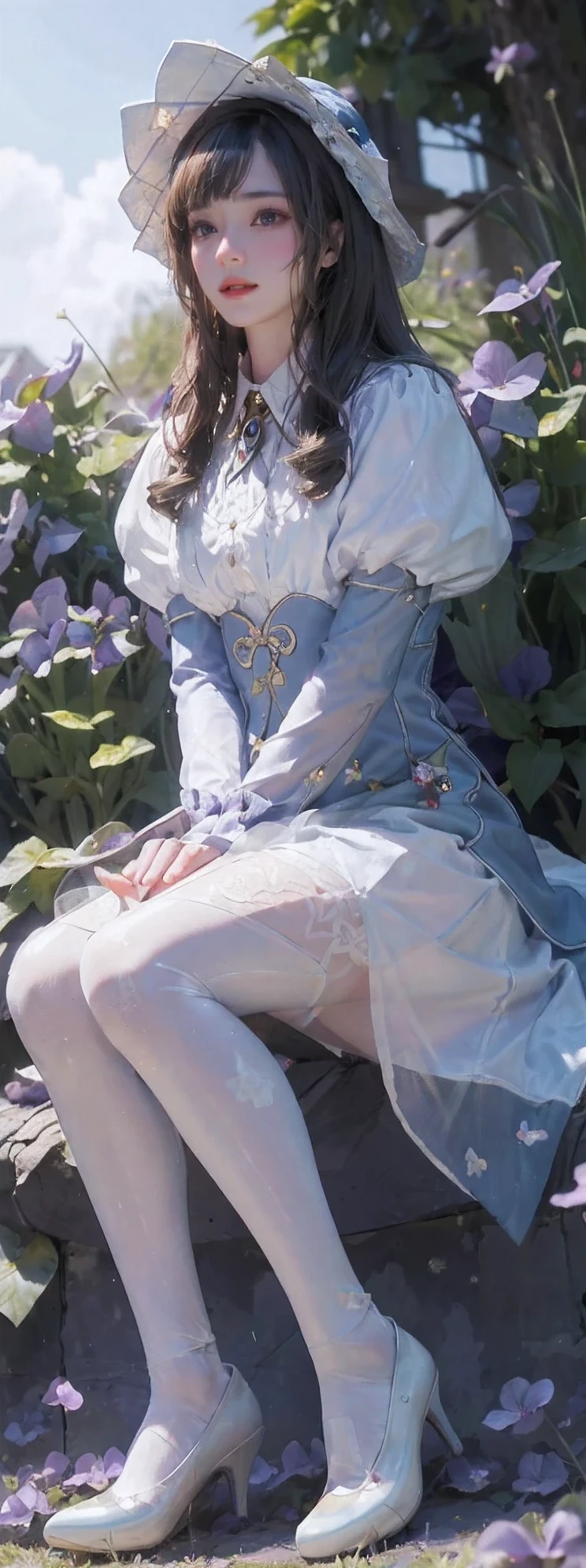 1girll,sandrone, (((cabellos largos dorados))), (((blue color eyes)))，Light smile, Hat,(((Sitting))),Outdoors,(((blue clear skies)))，(((Violets grow on the grass next to it)))，((((Anne Hathaway))))，(((white stockings)))，(((Wear blue high heels)))