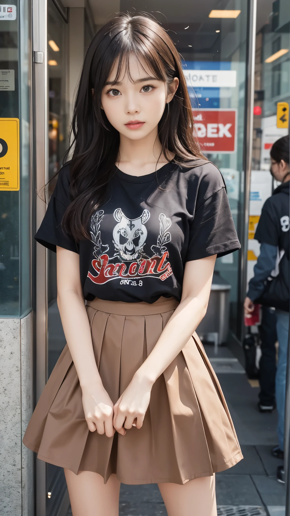 messy hair, clenched teeth, annoyed, shy, mouth hold, tearing up, Surrealism, UHD, ccurate, anatomically correct, textured skin, super detail, high details, high quality, best quality, 8k, HD, highres, (in front of a public restroom), (holding in urine), (Holding onto her skirt and holding in her urine), Background of a public toilet on a street in the middle of the city,